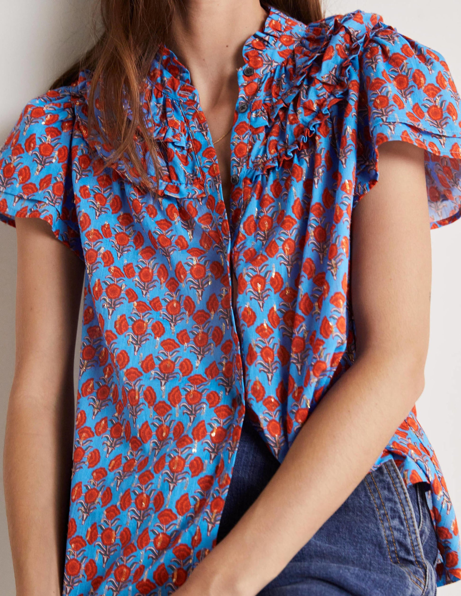 Blouse froncée à manches volantées-Bleu mosaïque, motif Poppy Geo-4