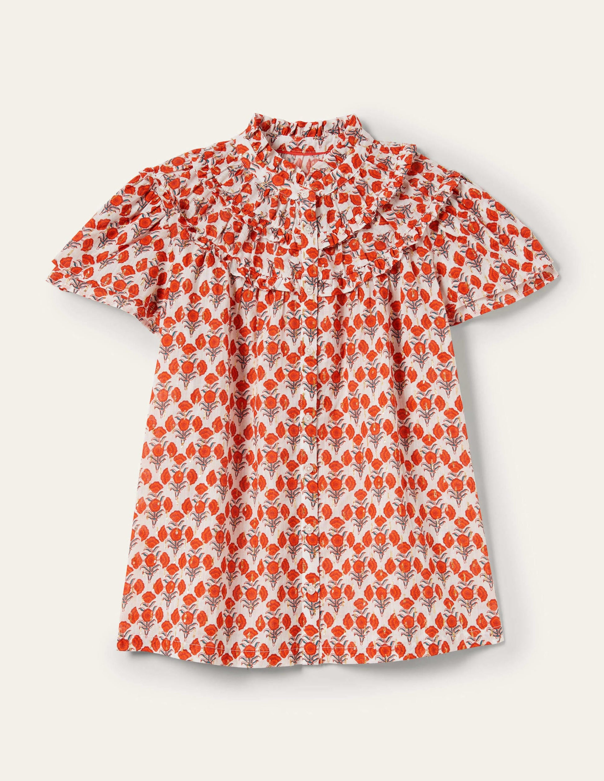 Metallic-Bluse mit Raffungen-Chili-Rot, Geometrisches Blumenmuster-8