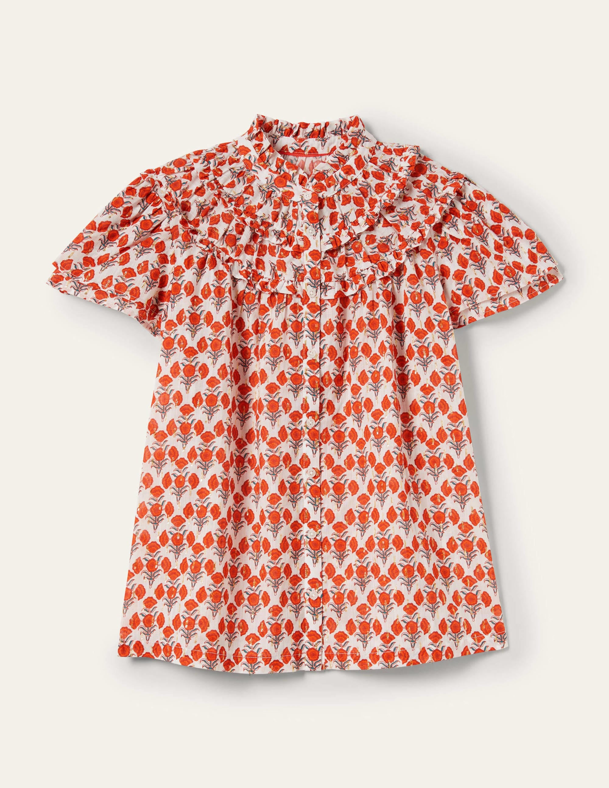 Metallic-Bluse mit Raffungen-Chili-Rot, Geometrisches Blumenmuster - Image 8