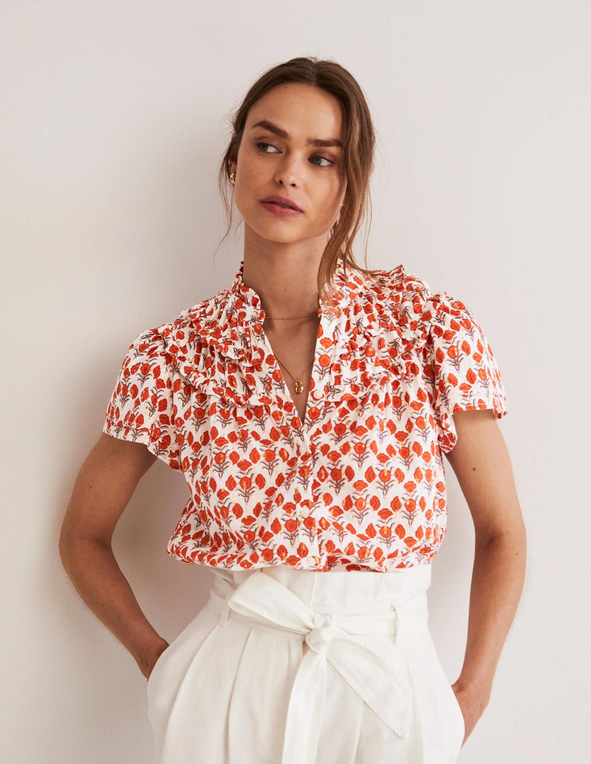 Metallic-Bluse mit Raffungen-Chili-Rot, Geometrisches Blumenmuster-1