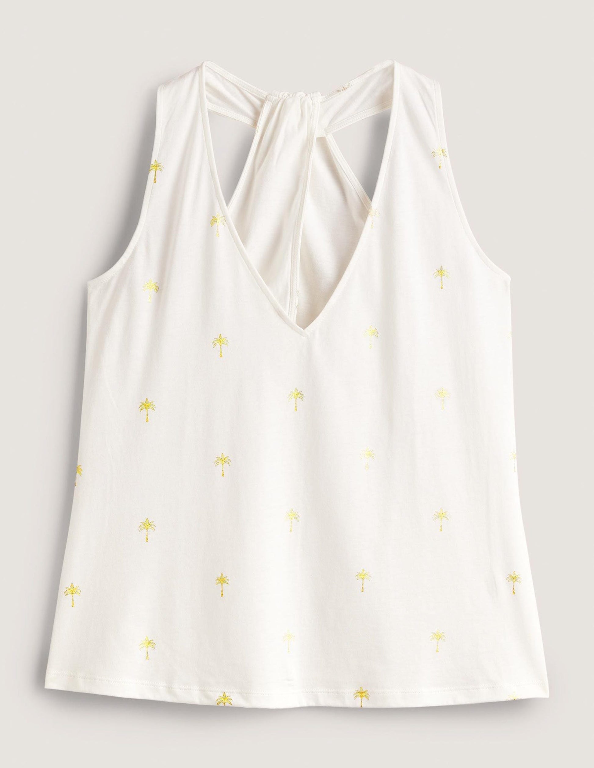 Jerseyoberteil mit V-Ausschnitt und Knotendetail hinten-Naturweiß/Gold, Paradiespalmen-6