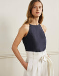 Strappy Halterneck Linen Top-Navy
