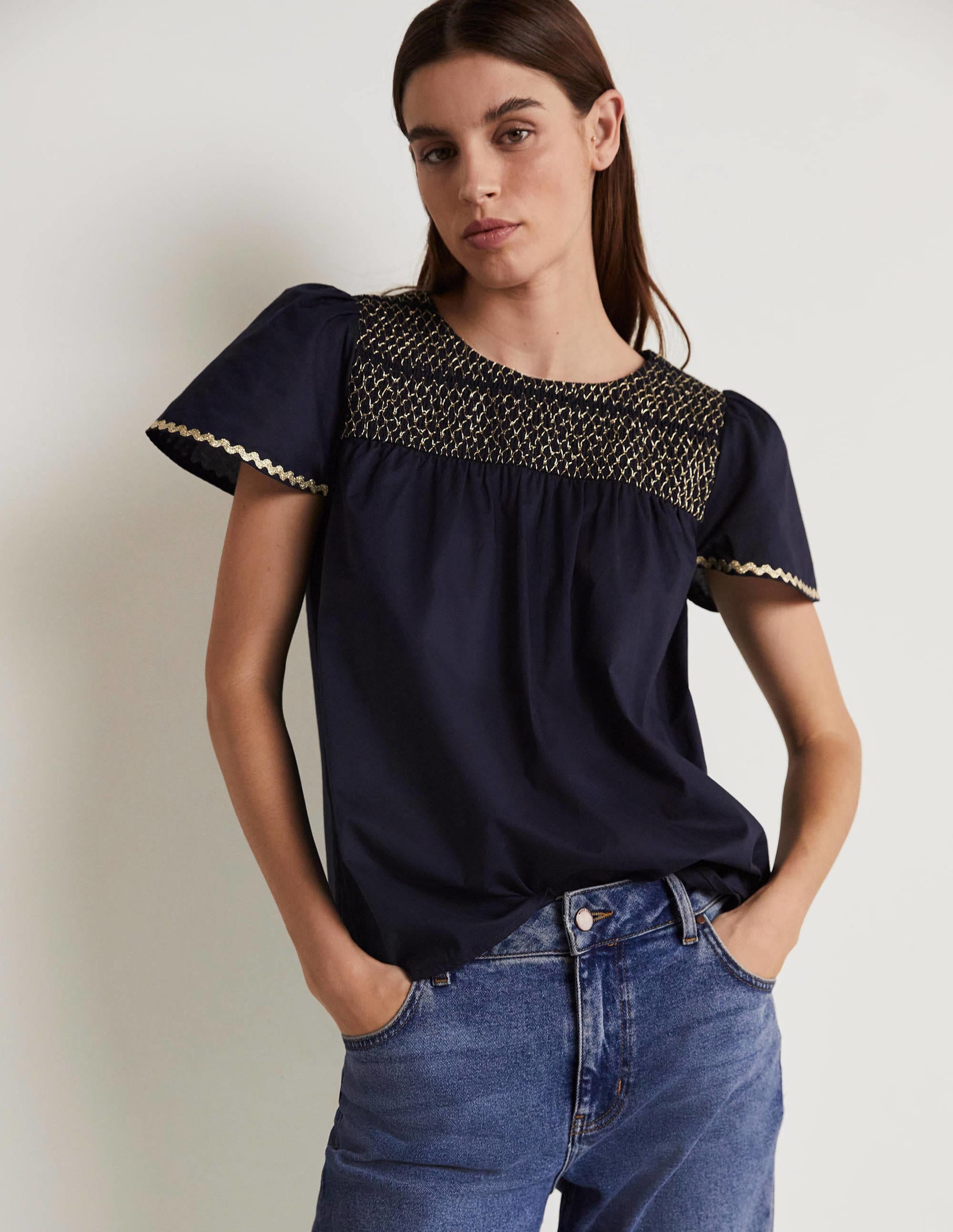May Smokoberteil mit Flatterärmeln-Navy/Bunt, Gesmokt - Image 1