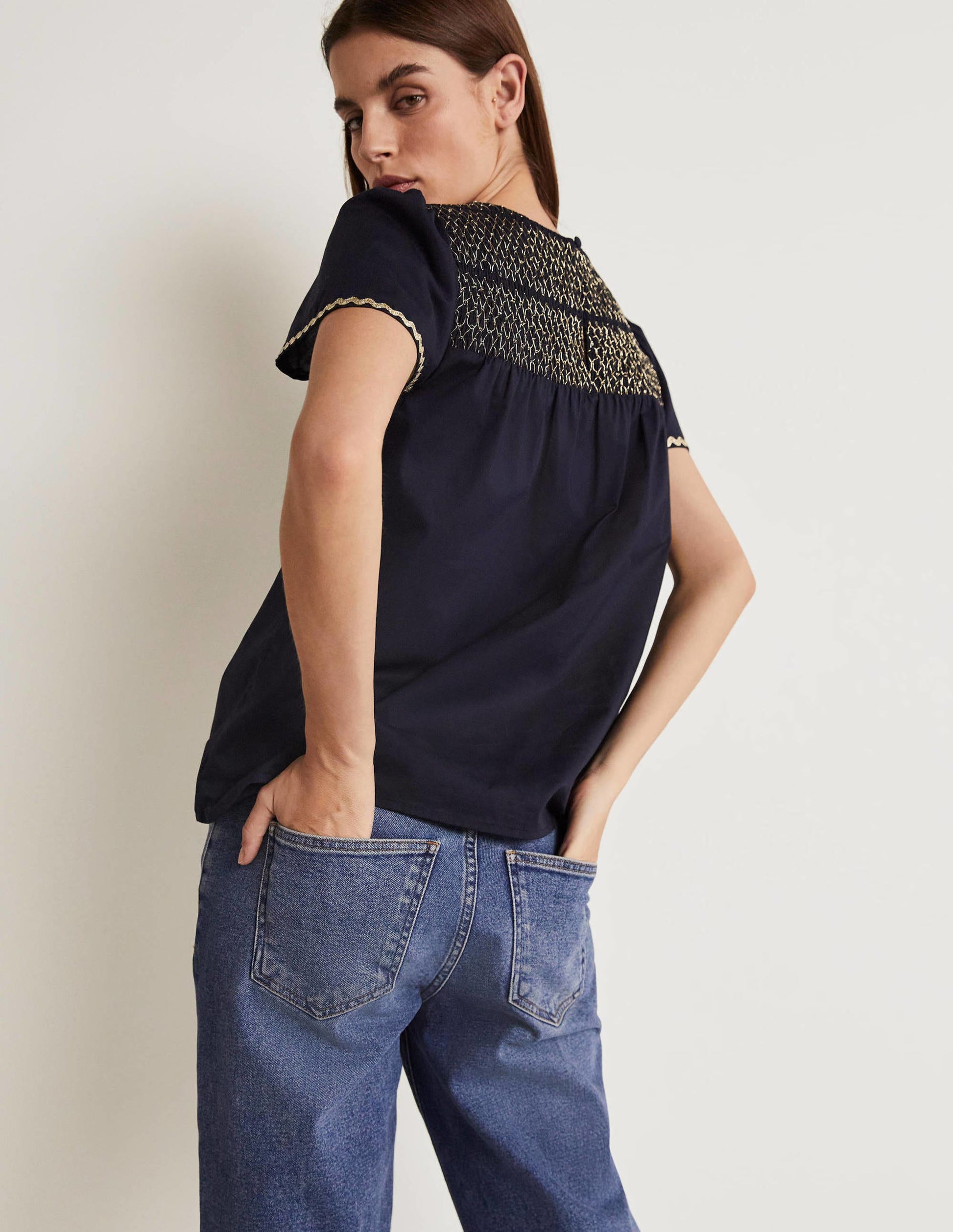 May Smokoberteil mit Flatterärmeln-Navy/Bunt, Gesmokt-3
