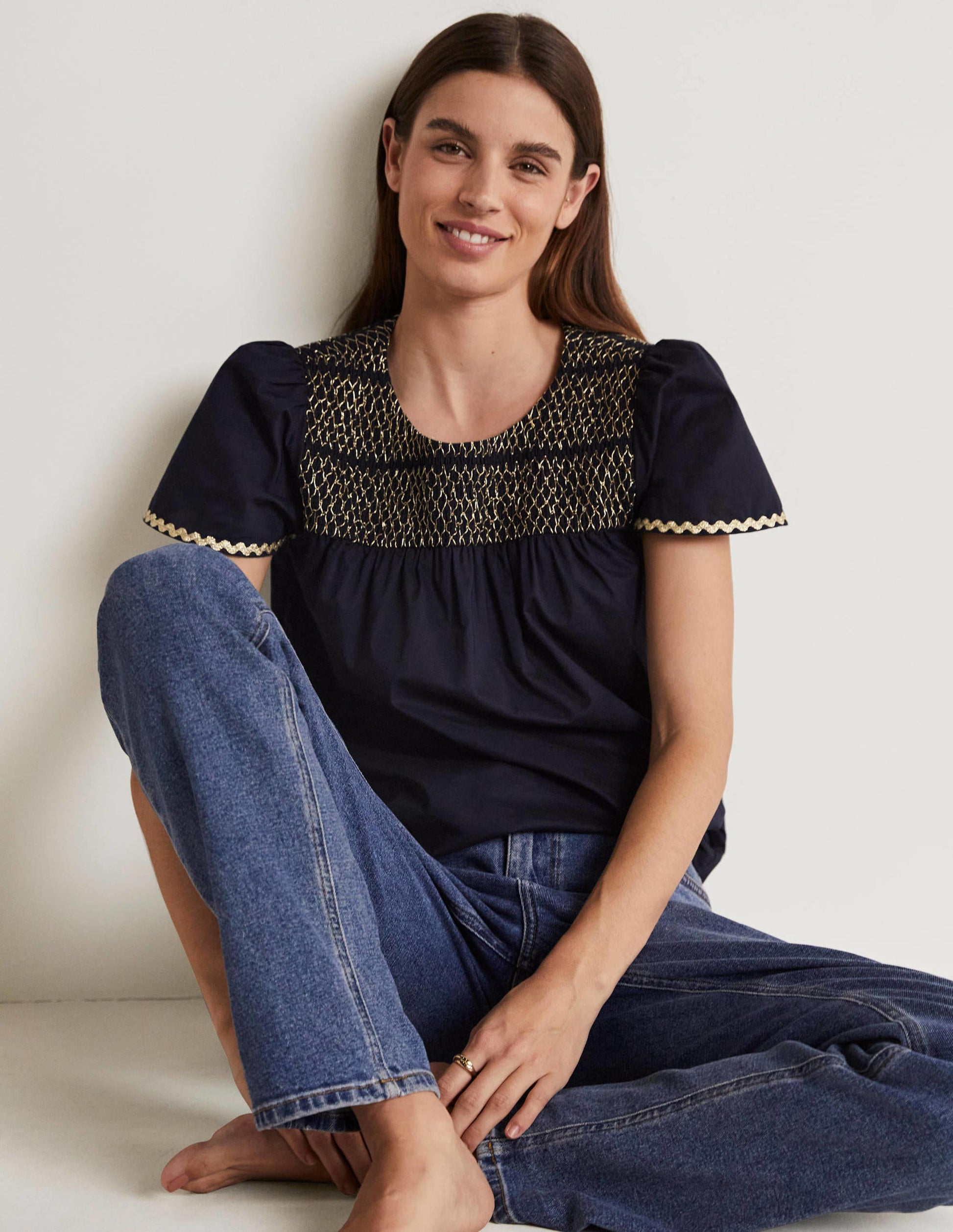 May Smokoberteil mit Flatterärmeln-Navy/Bunt, Gesmokt-4