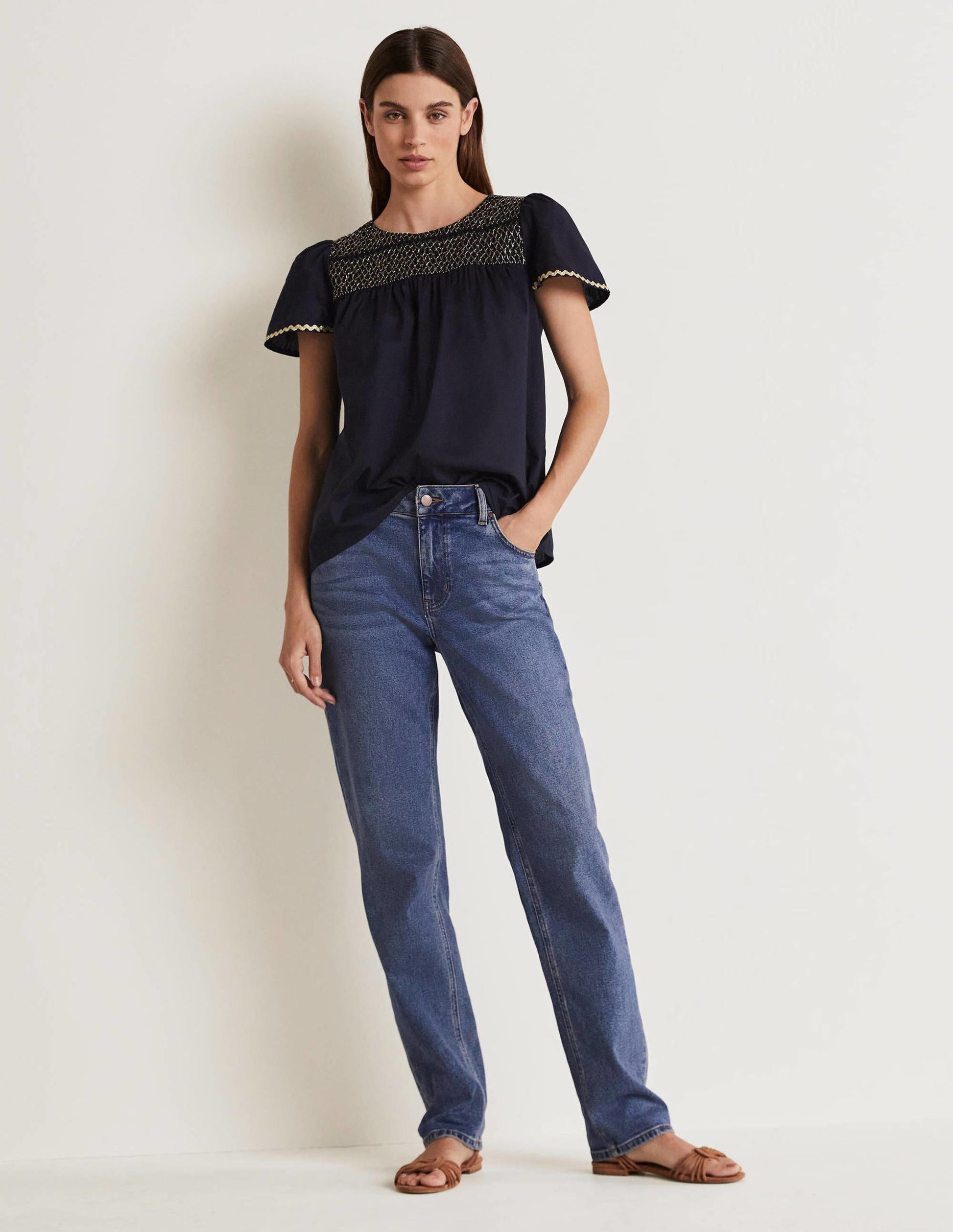 May Smokoberteil mit Flatterärmeln-Navy/Bunt, Gesmokt-5