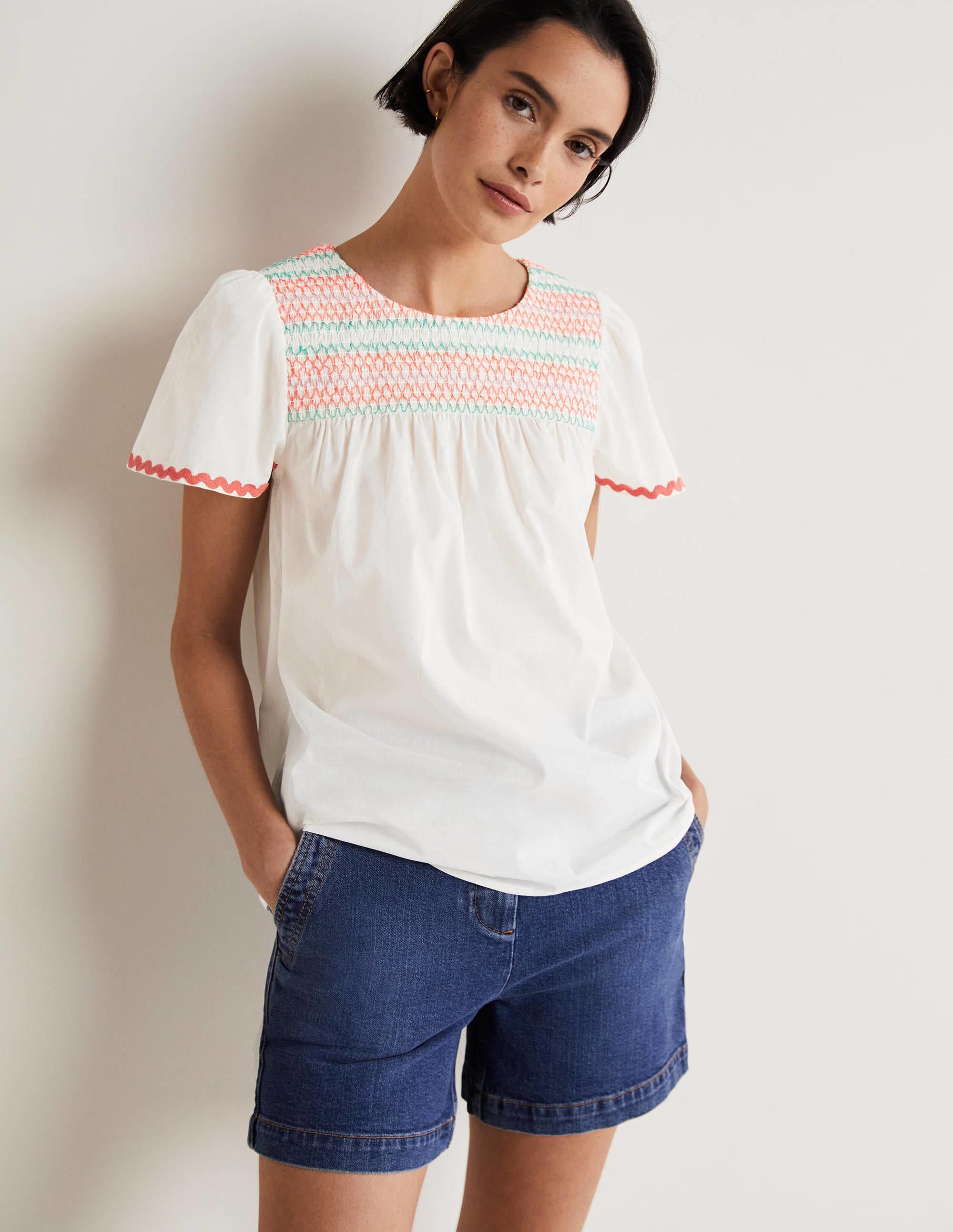 Top May à smocks et manches volantées-Blanc, smocks multi - Image 1