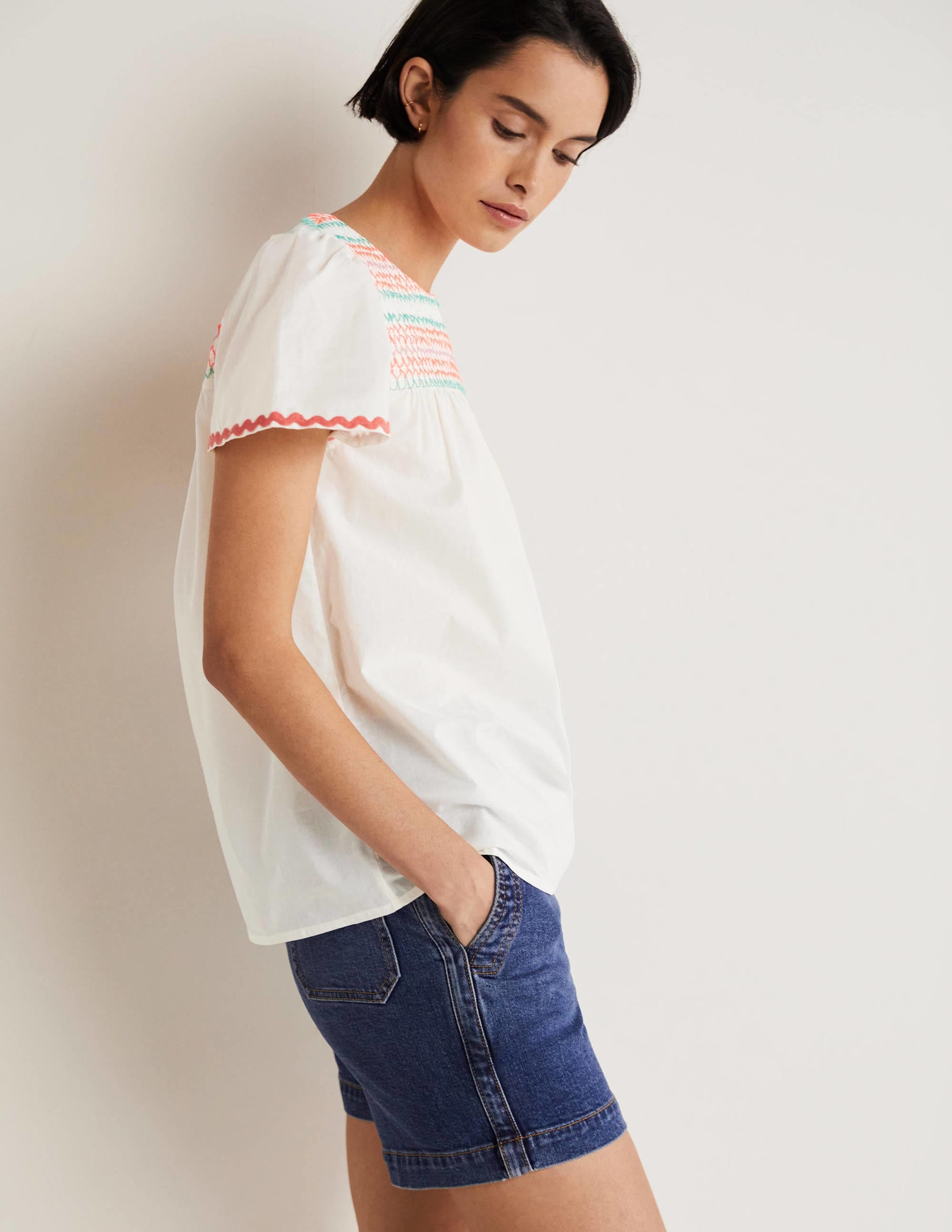 Top May à smocks et manches volantées-Blanc, smocks multi - Image 4