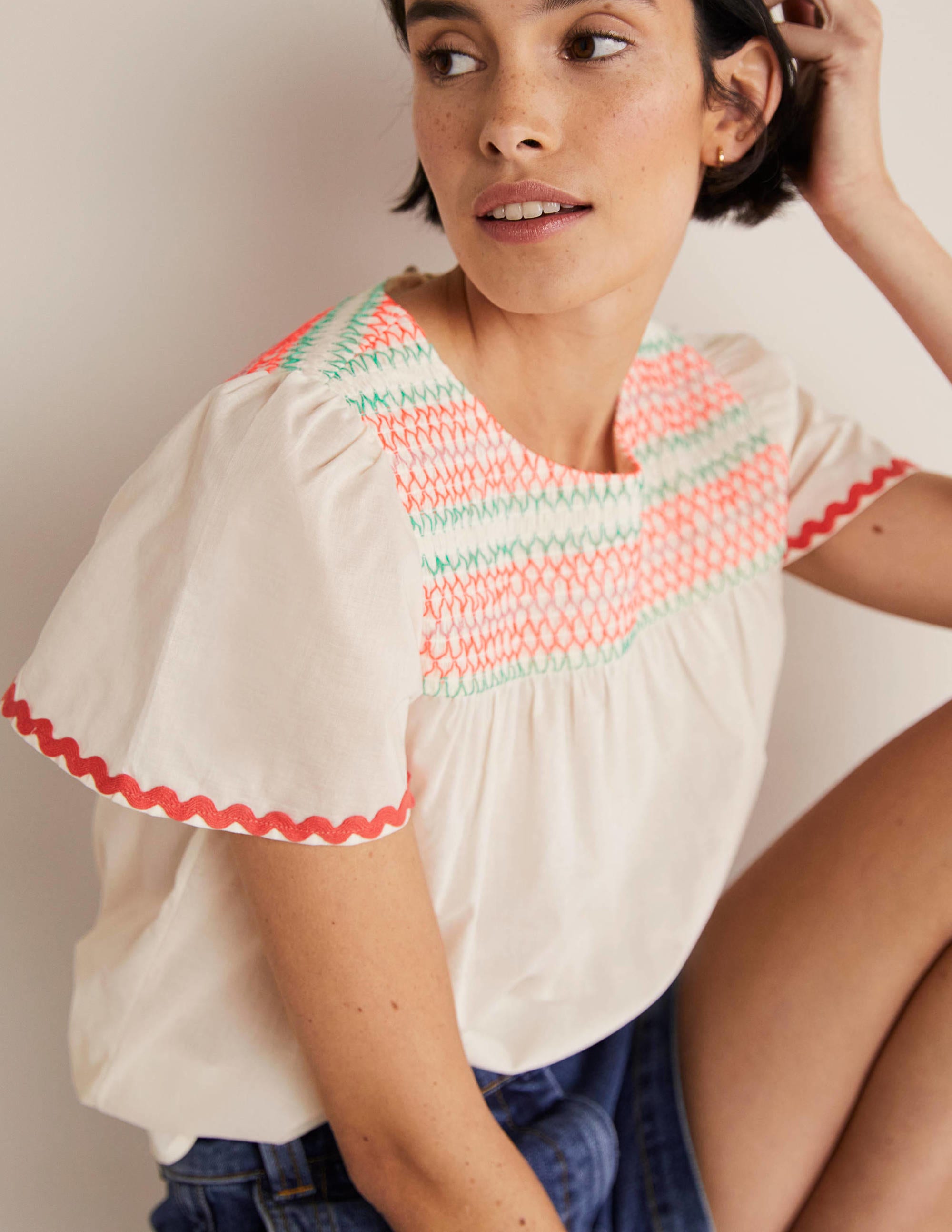 Top May à smocks et manches volantées-Blanc, smocks multi - Image 5