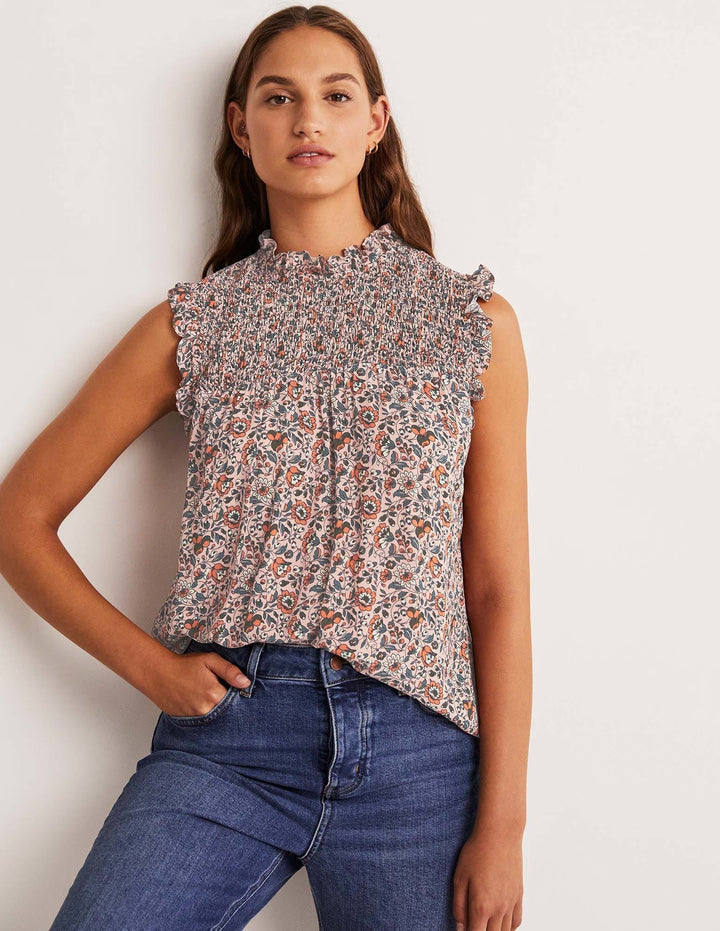 Sleeveless Smocked Top-Milkshake, Botanic Meadow