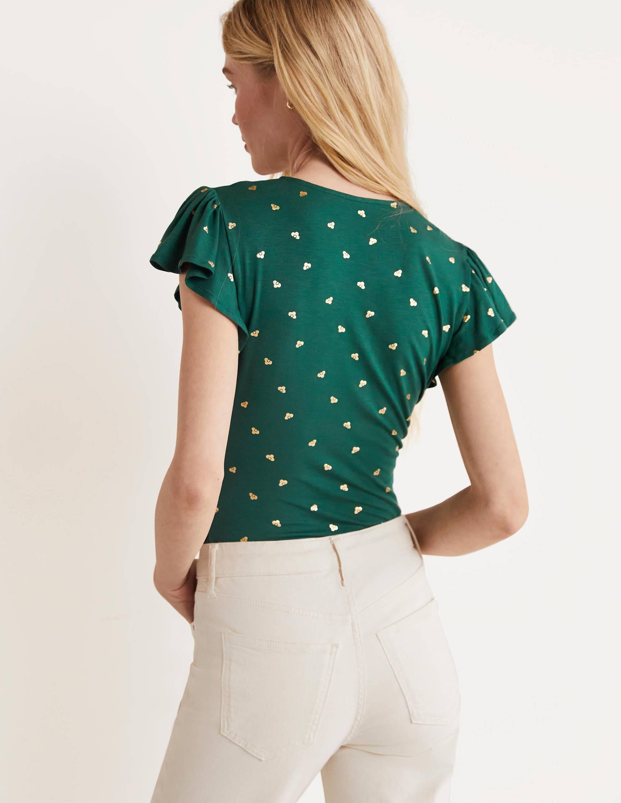 Top portefeuille à manches volantées-Vert randonnée, motif Spaced Bud - Image 3