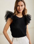 Top en jersey avec tulle aux épaules-Noir