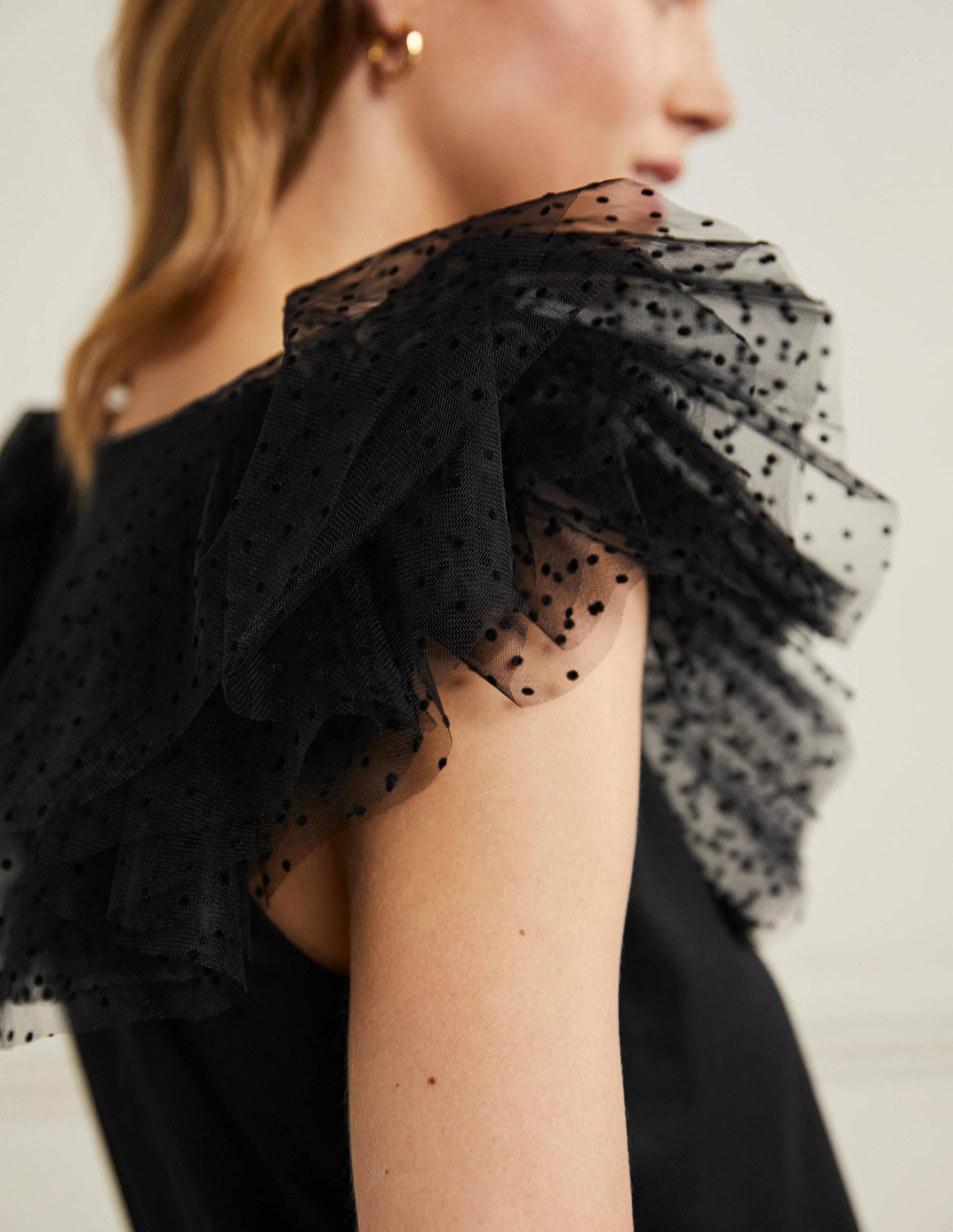 Top en jersey avec tulle aux épaules-Noir-2