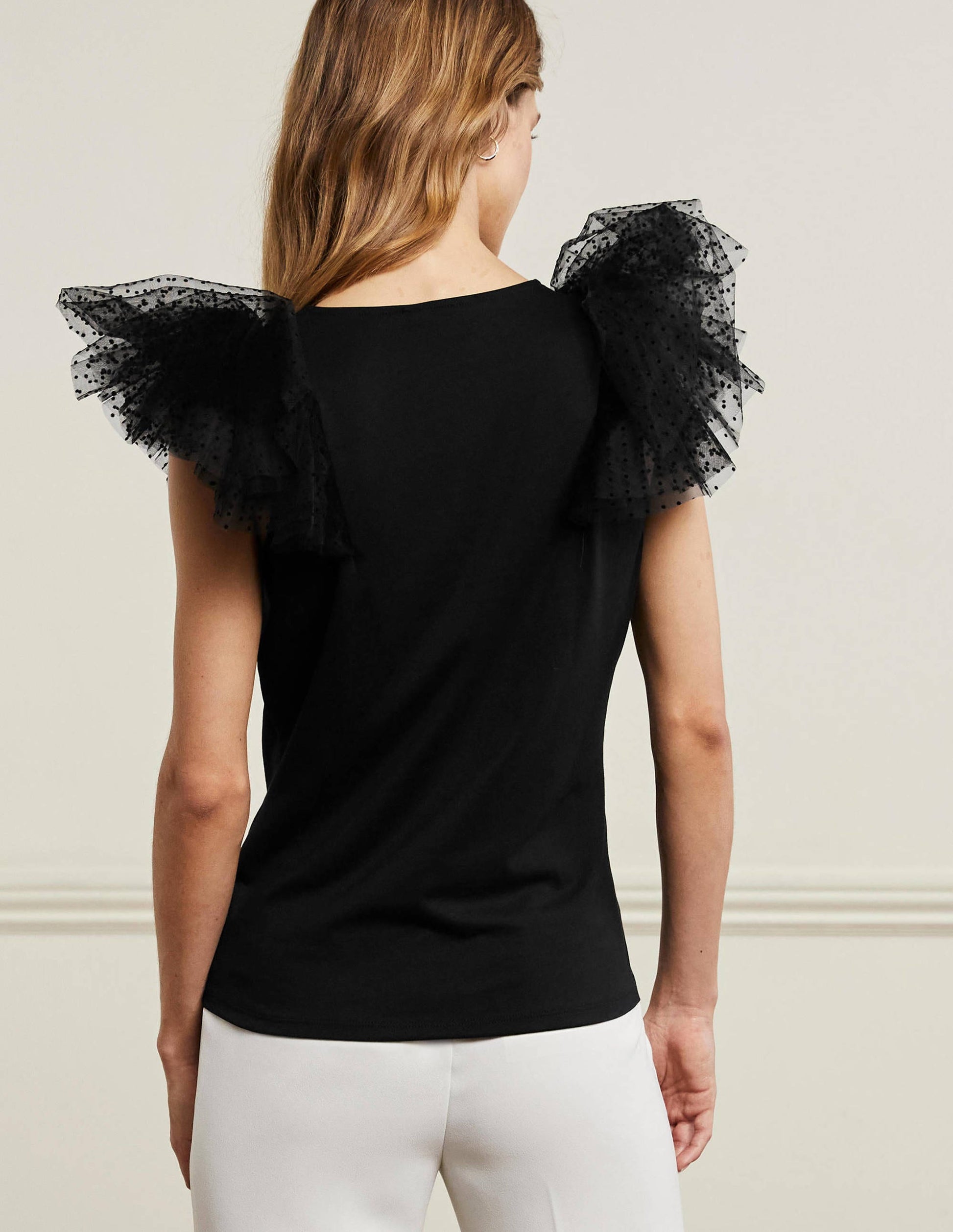 Top en jersey avec tulle aux épaules-Noir-3
