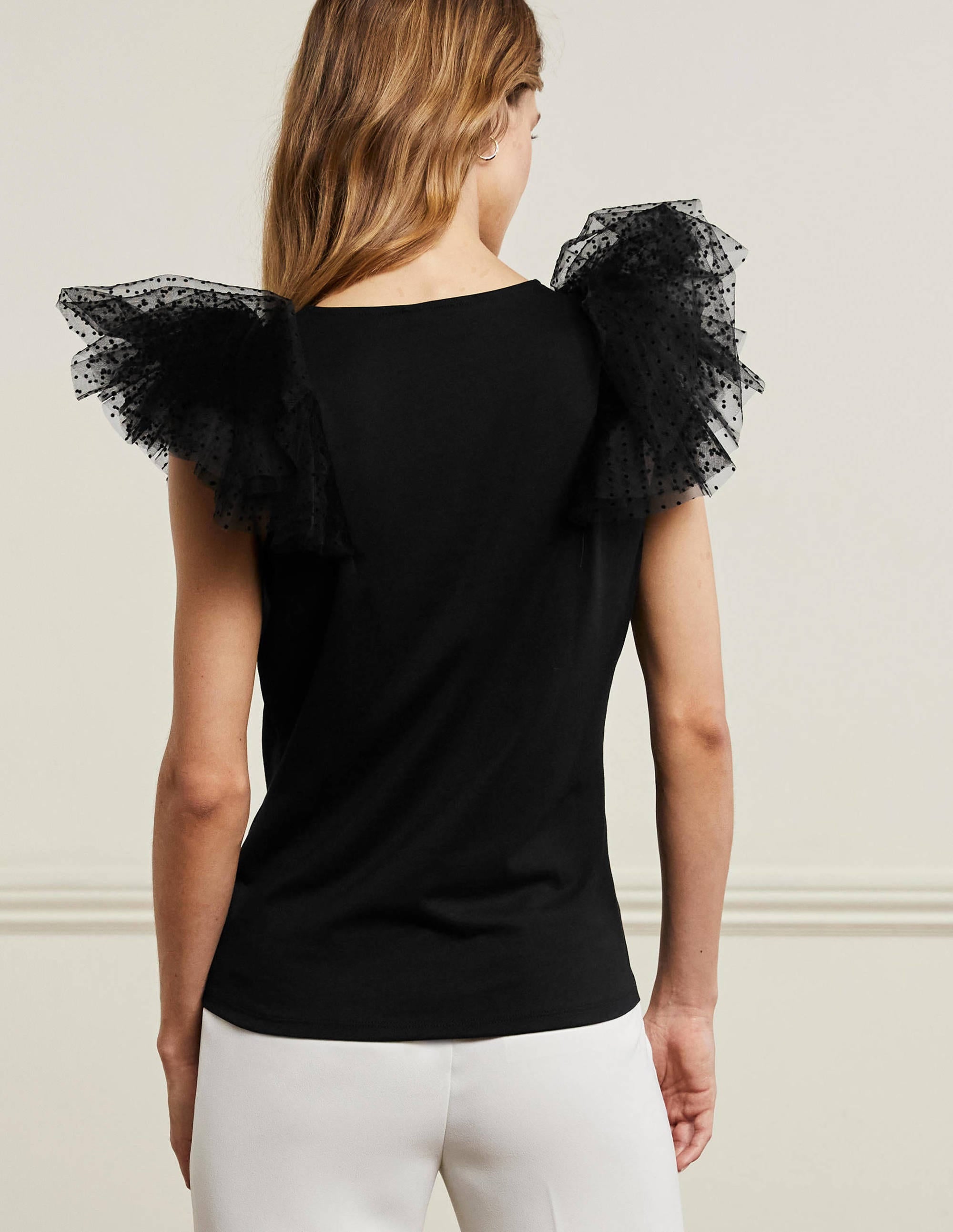 Top en jersey avec tulle aux épaules-Noir - Image 3
