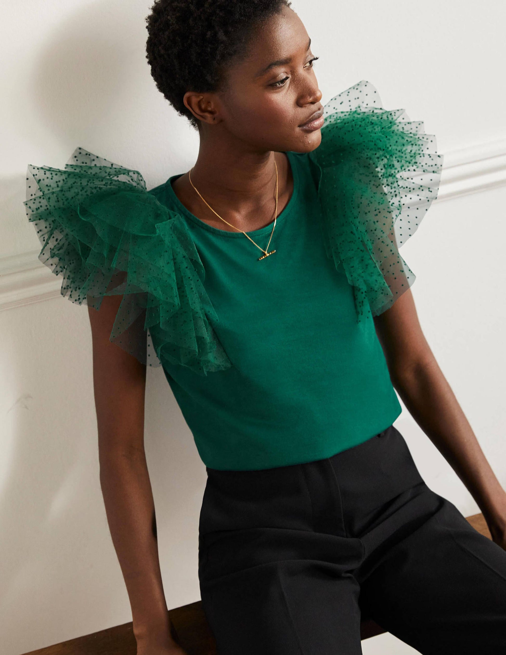Tulle Shoulder Jersey Top-Deep Forest-1