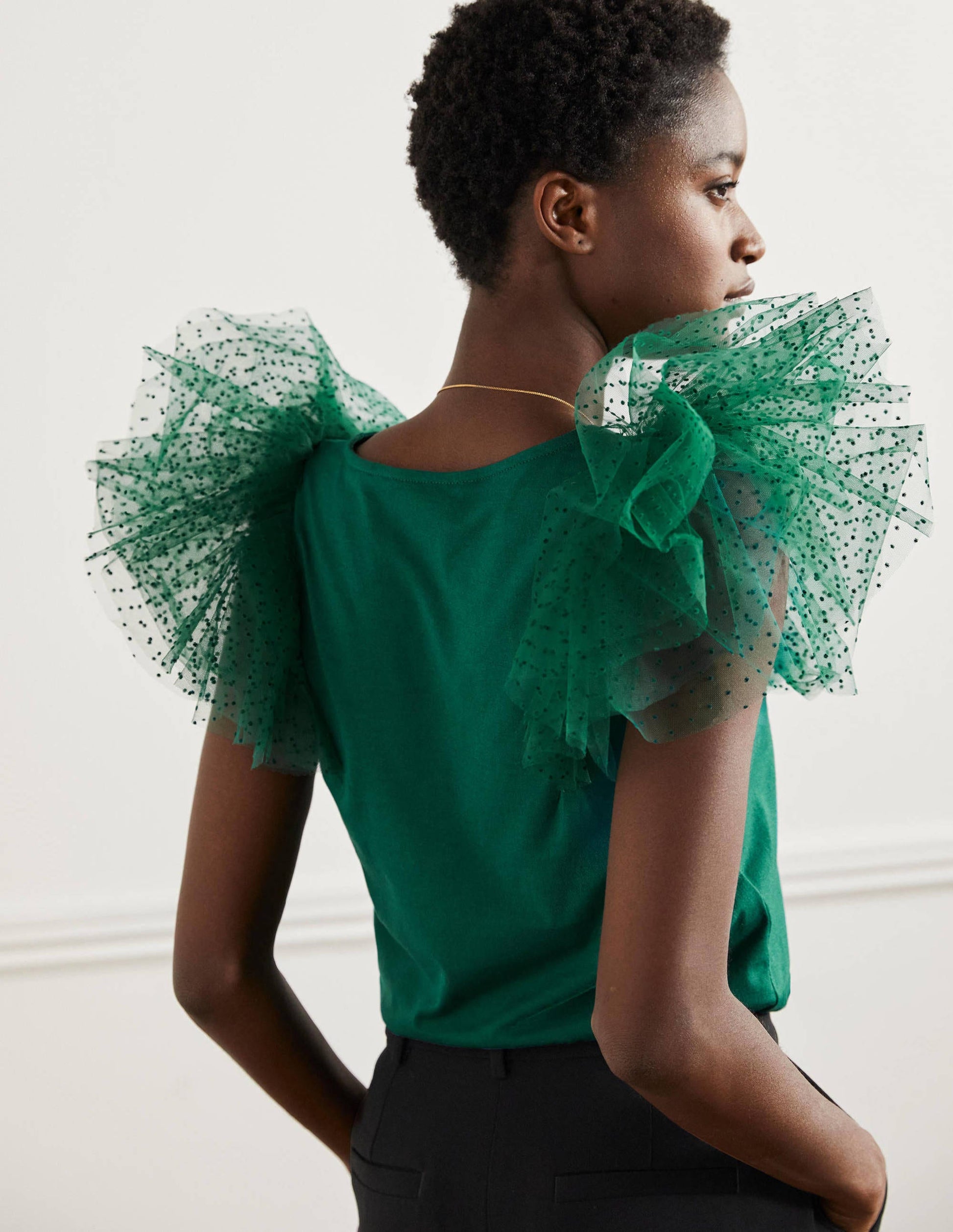 Tulle Shoulder Jersey Top-Deep Forest-3