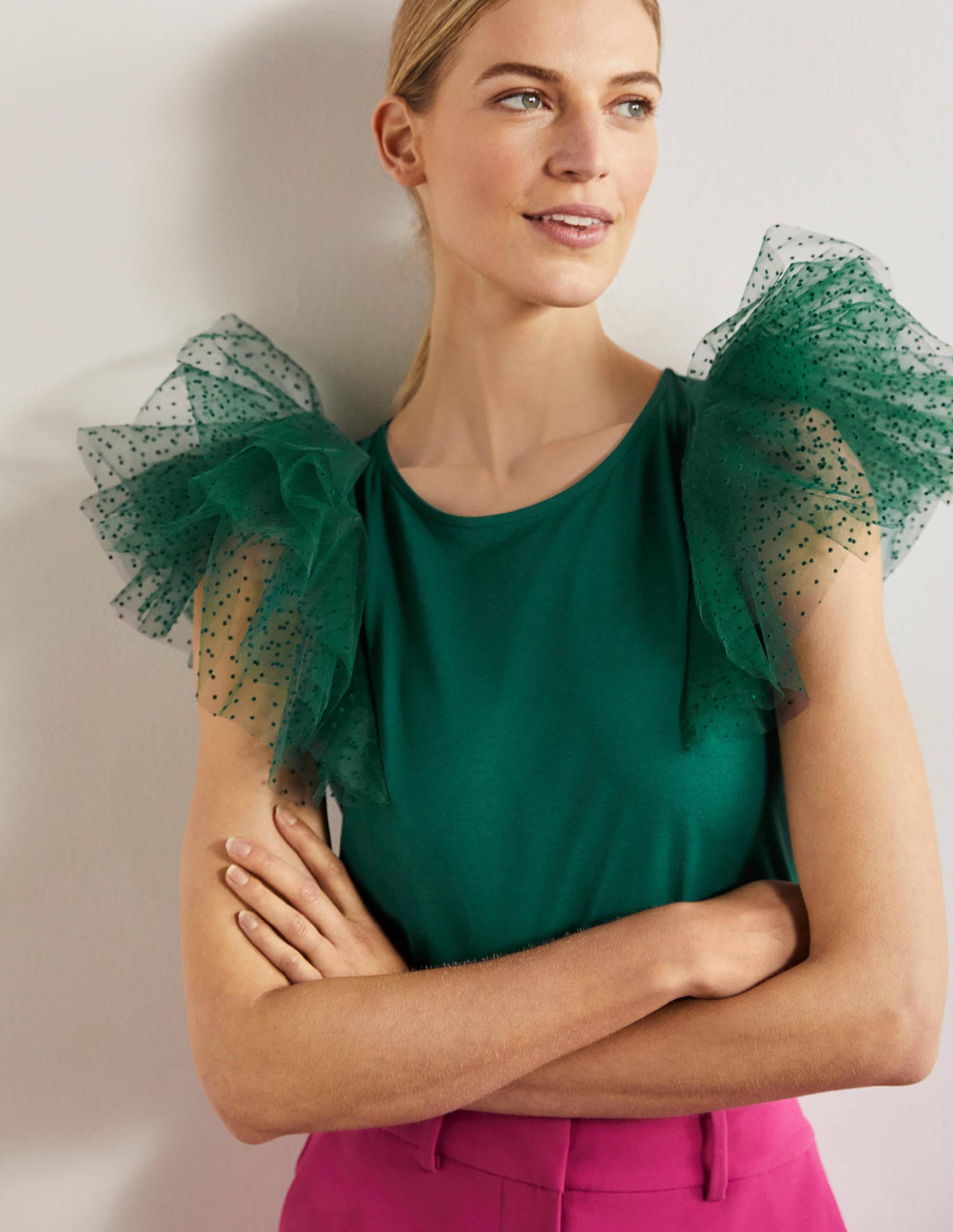 Tulle Shoulder Jersey Top-Deep Forest-5