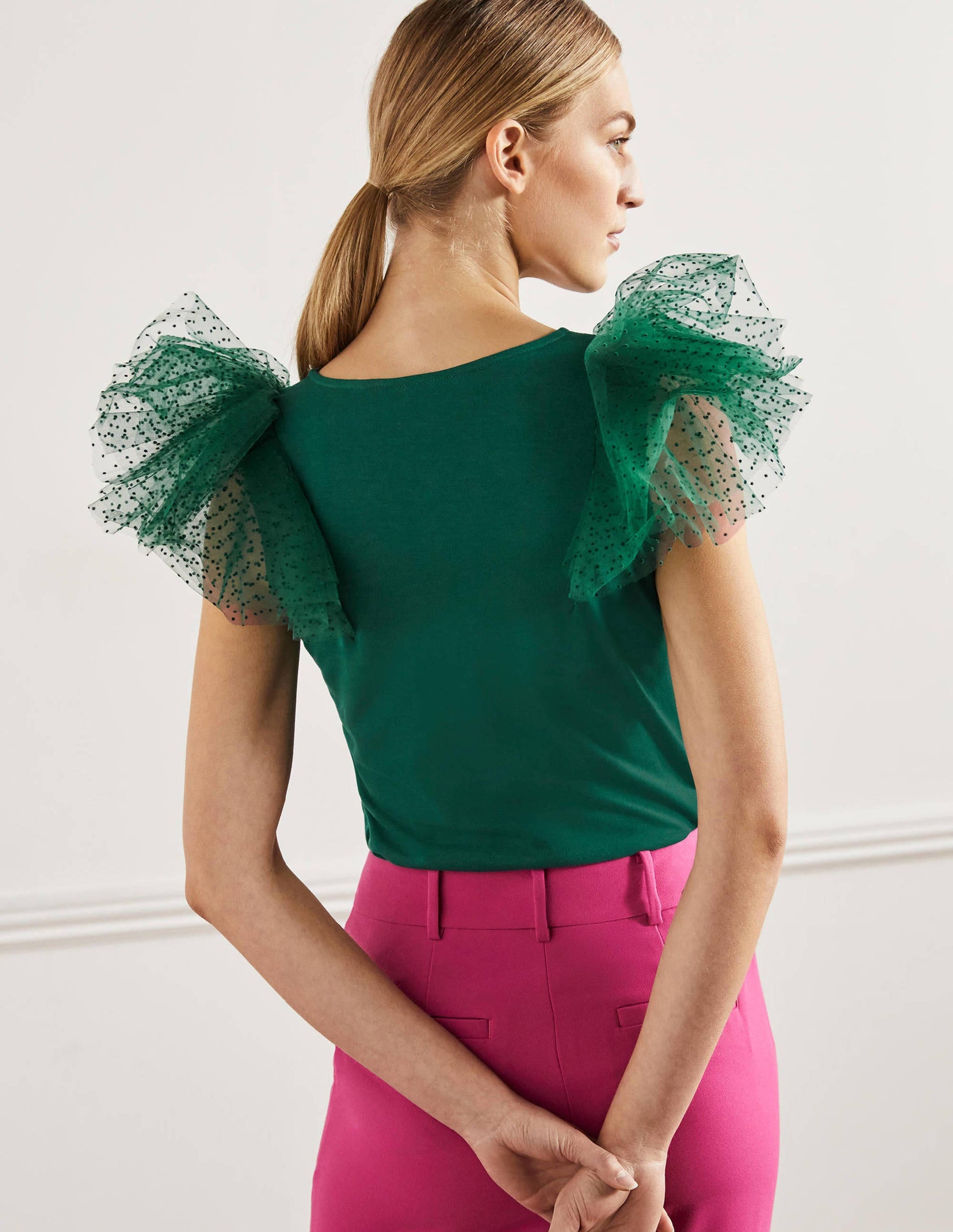 Tulle Shoulder Jersey Top-Deep Forest-7