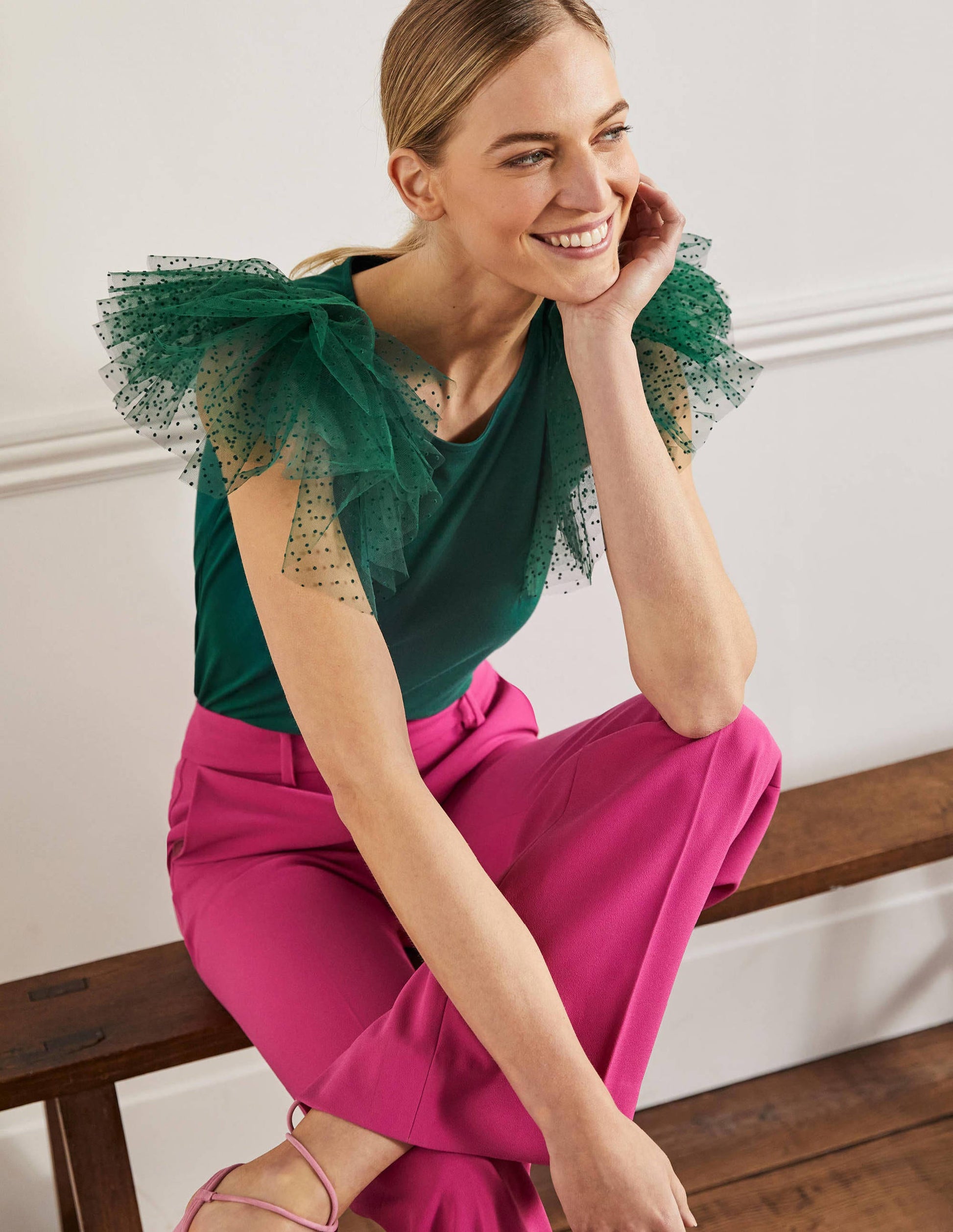 Tulle Shoulder Jersey Top-Deep Forest-9