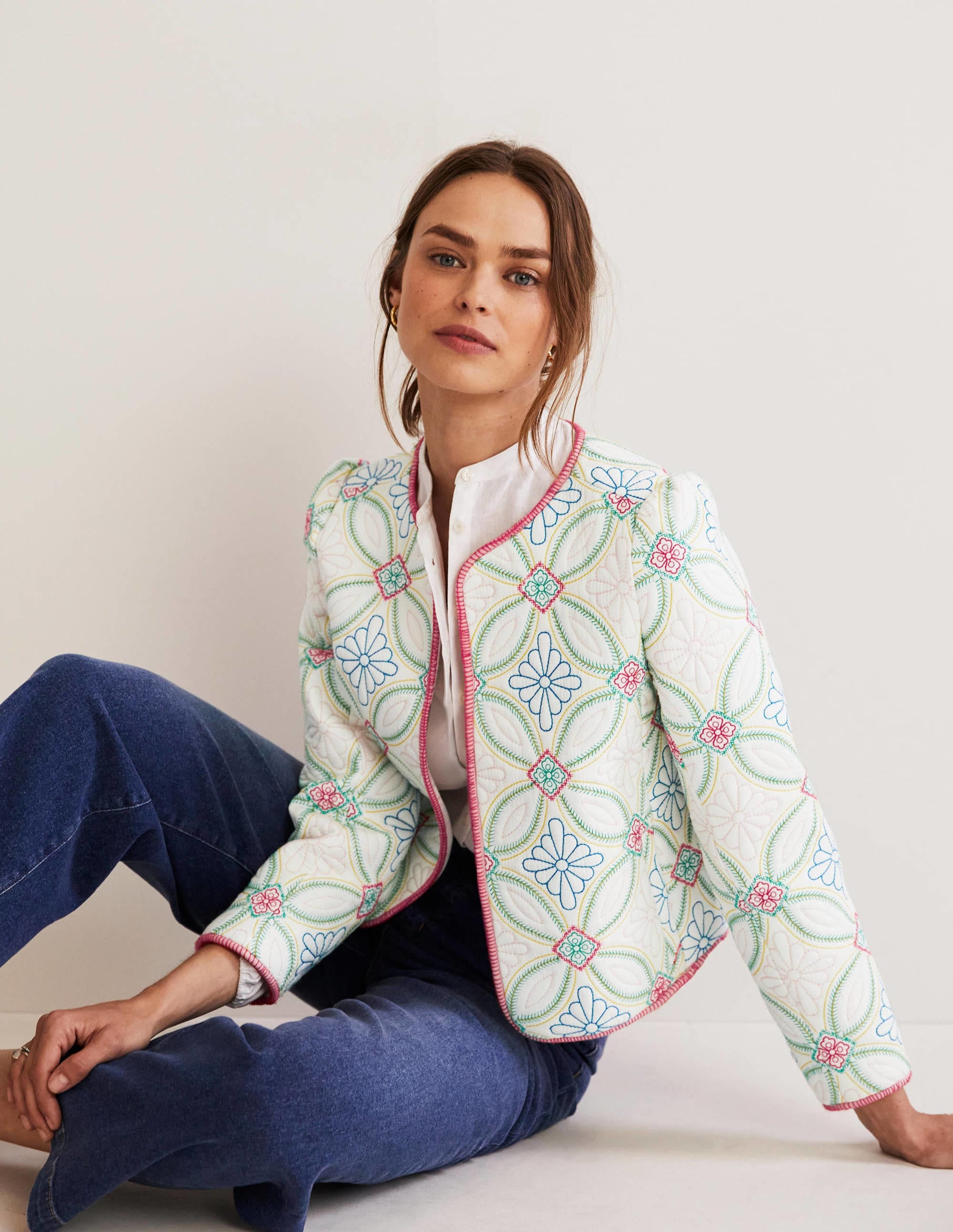 Embroidered Quilted Jacket-Ivory, Multi Quilting - Image 1