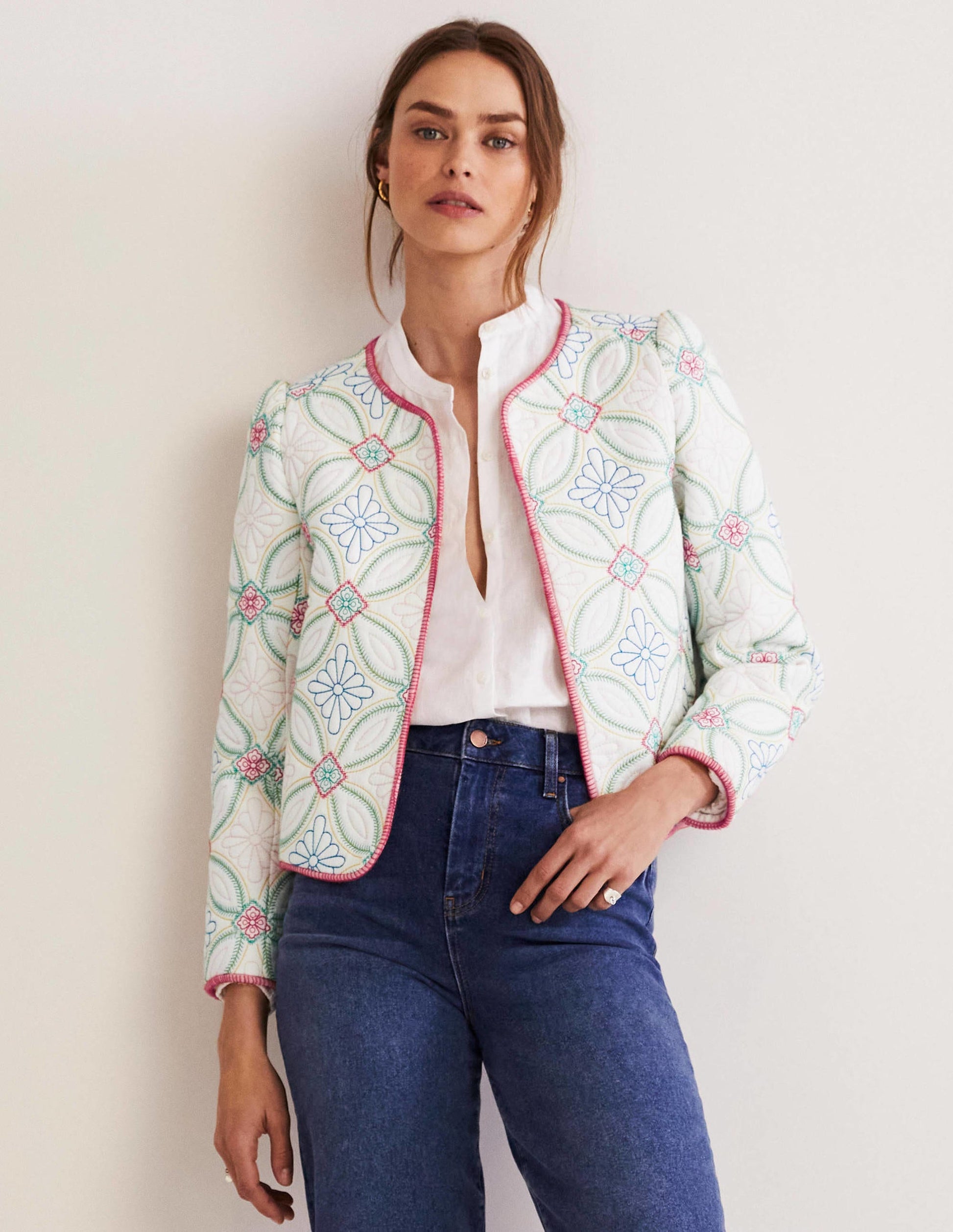 Embroidered Quilted Jacket-Ivory, Multi Quilting-3
