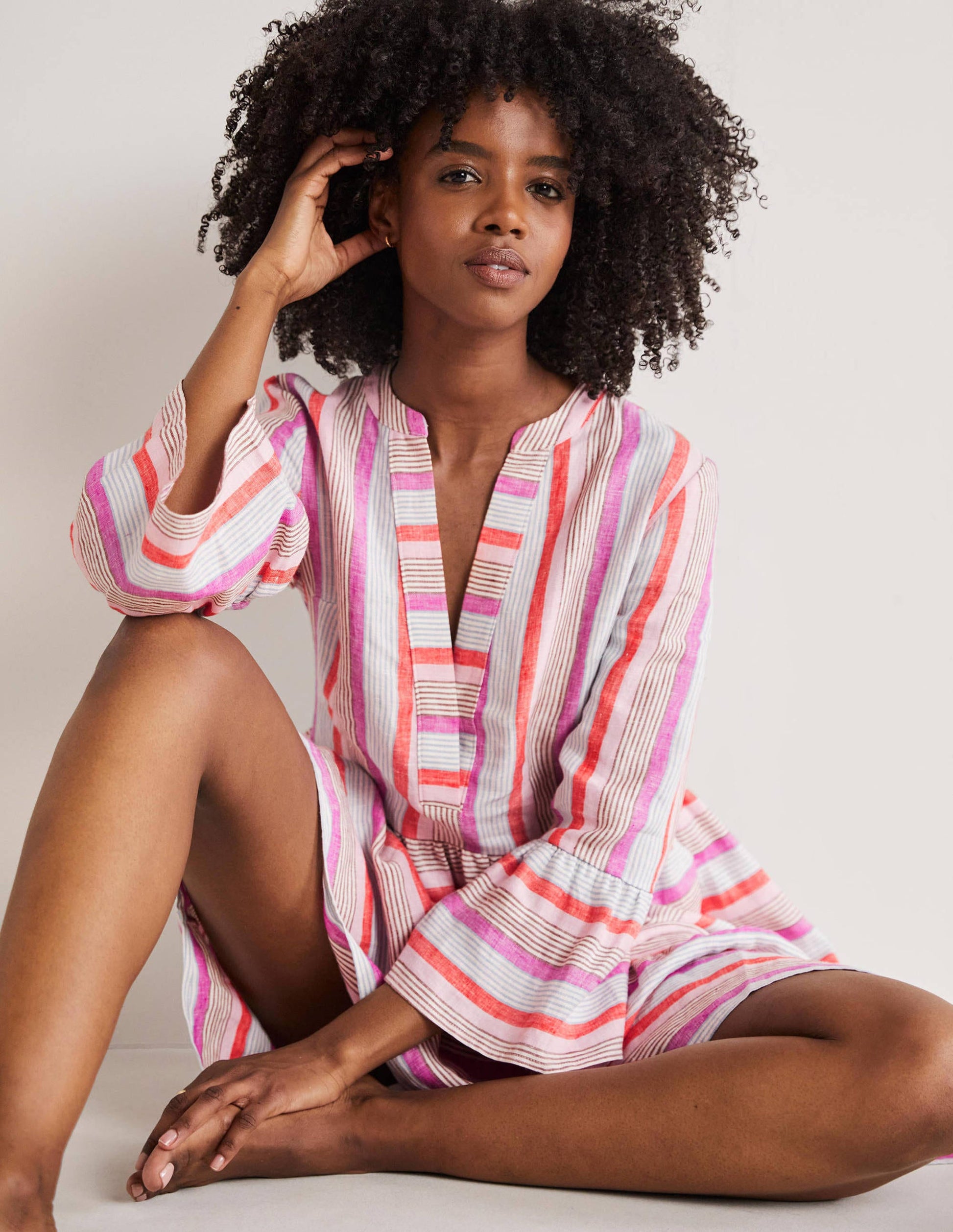 Lässiges Stufenkleid aus Leinen-Feuerwerkskörperrot/Cameo-Rosa-4