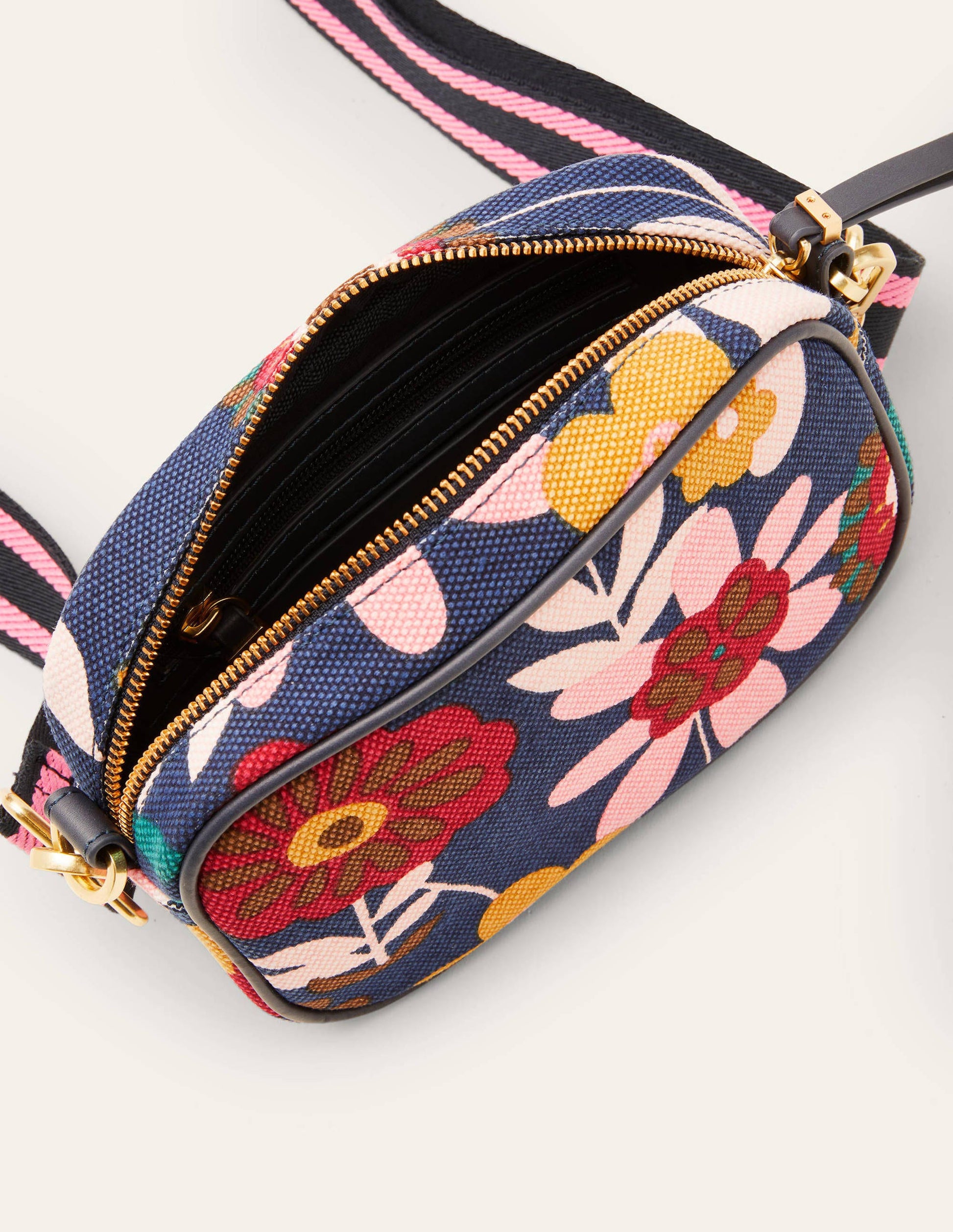 Sac à bandoulière en toile-Bleu marine foncé, motif Flora Bloom-3