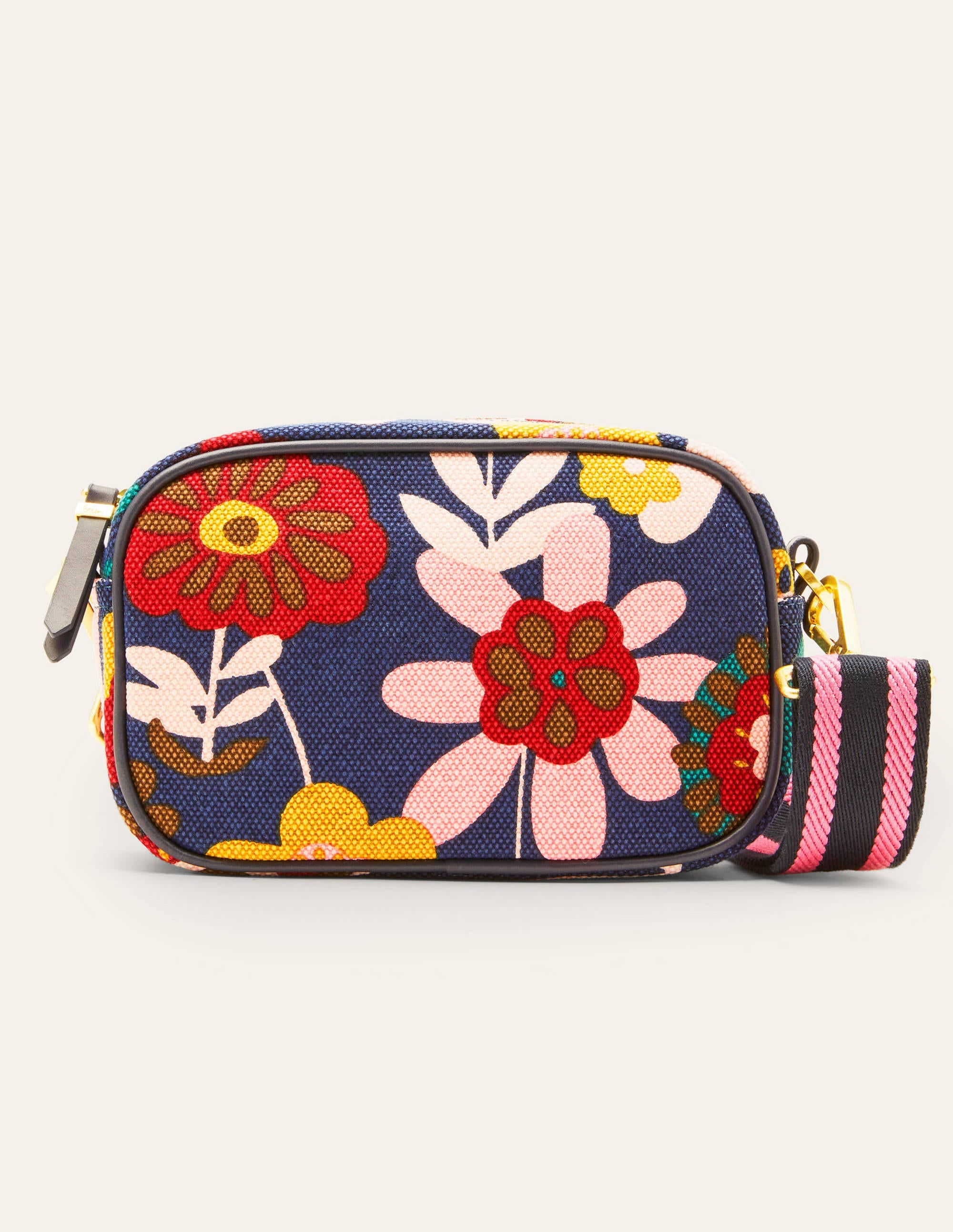Sac à bandoulière en toile-Bleu marine foncé, motif Flora Bloom - Image 4
