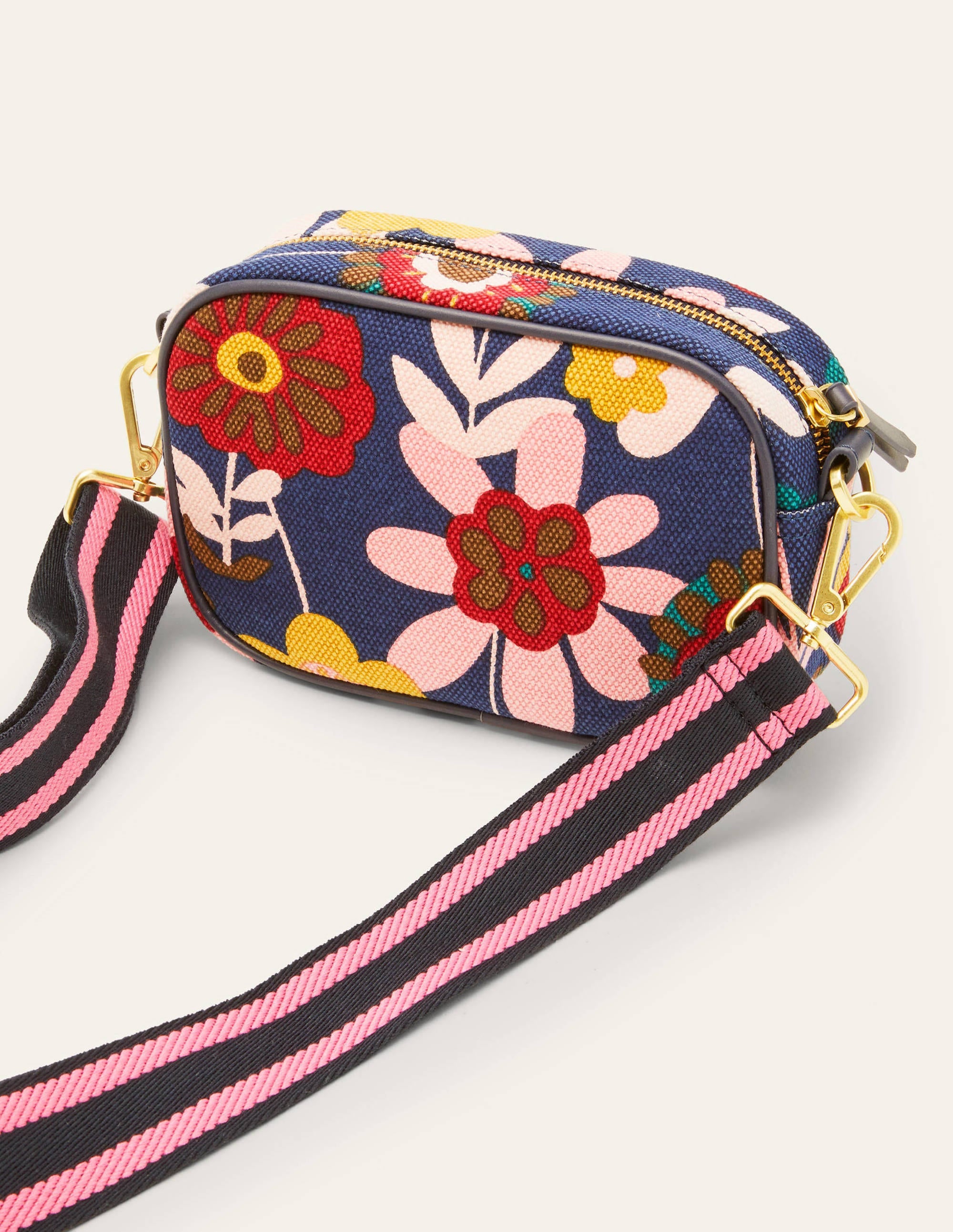 Sac à bandoulière en toile-Bleu marine foncé, motif Flora Bloom - Image 5