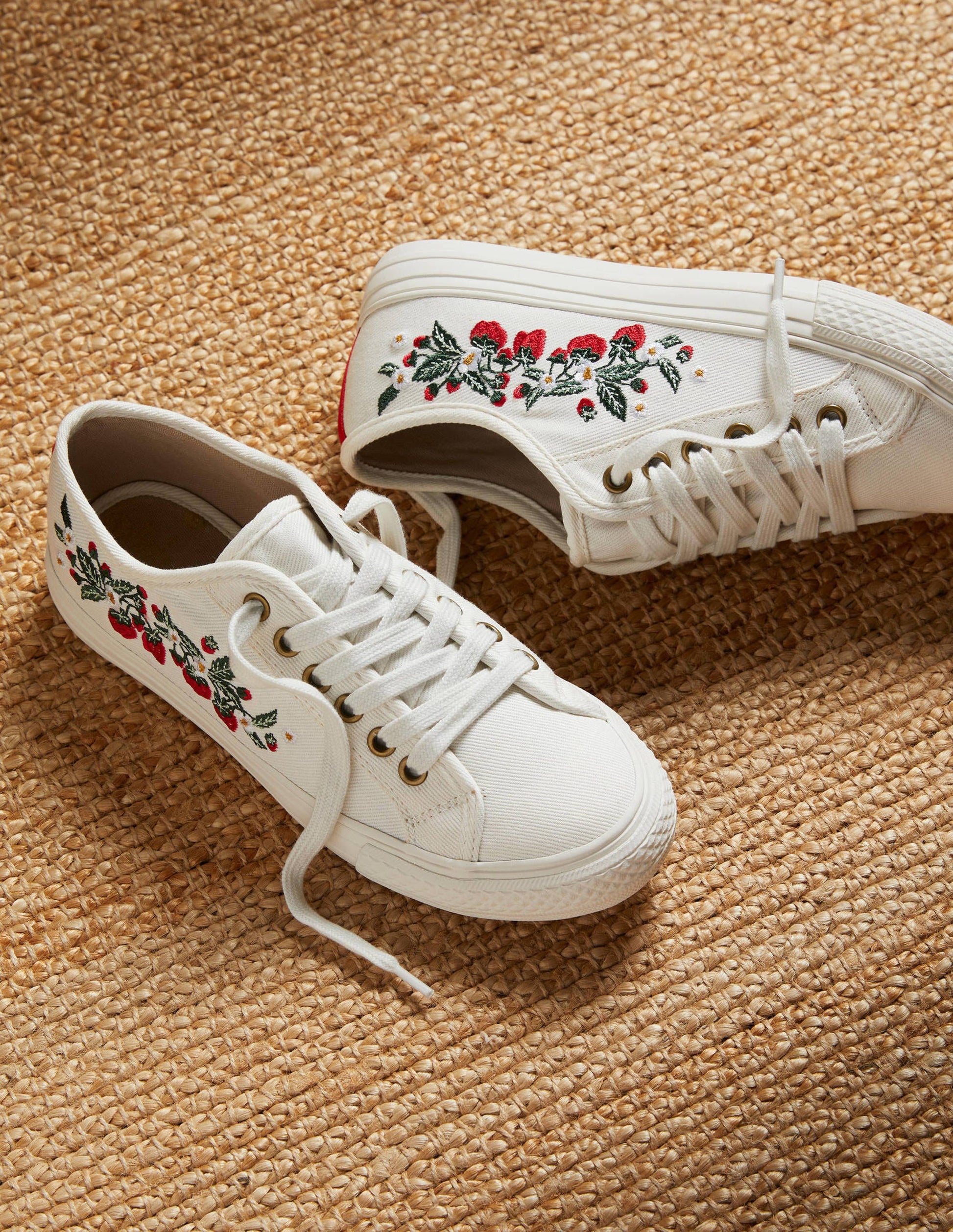 Turnschuhe aus Baumwollleinen-Ecru, Erdbeeren-1