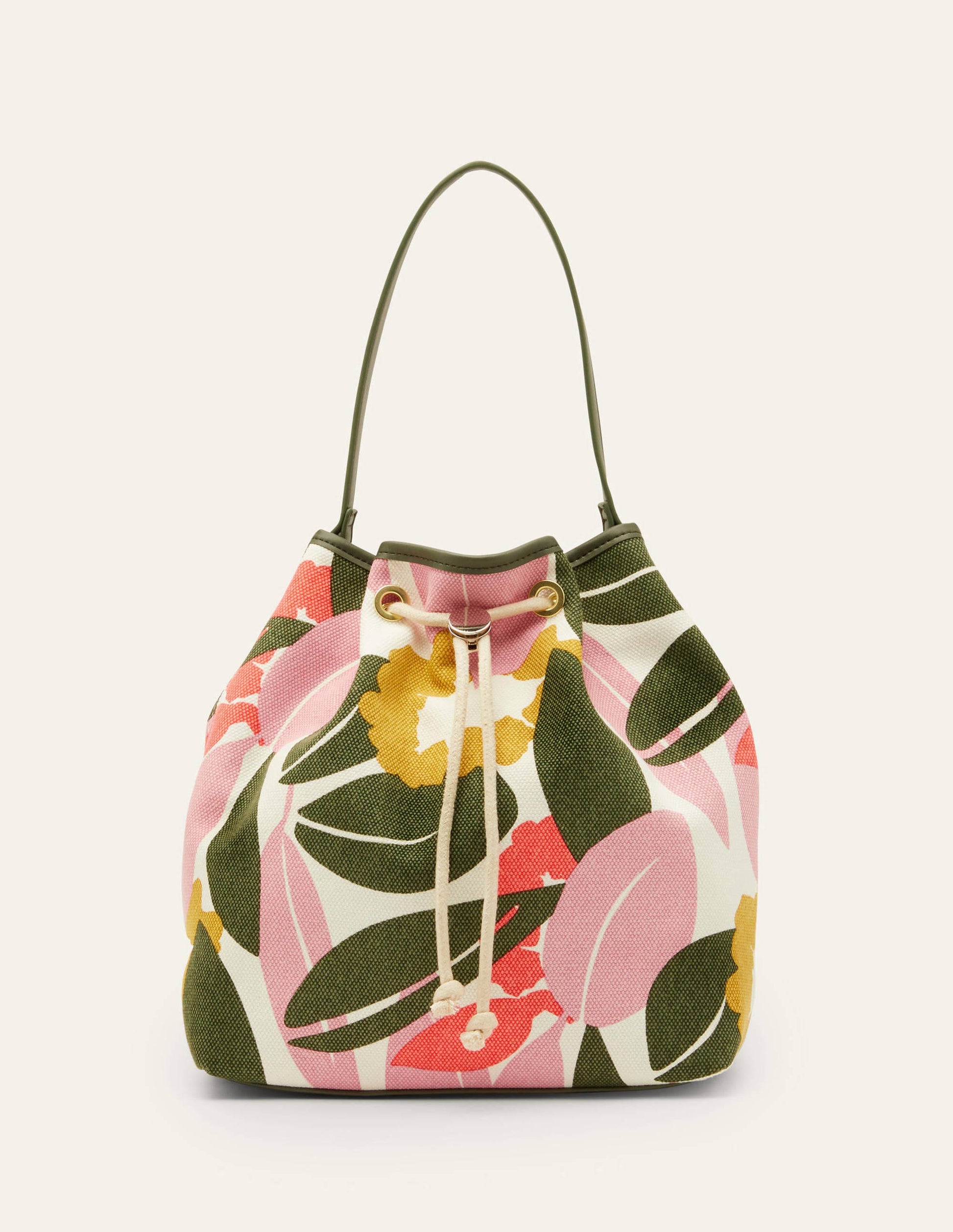 Sac seau en toile avec cordon de serrage-Ivoire, motif Abstract Bloom-3