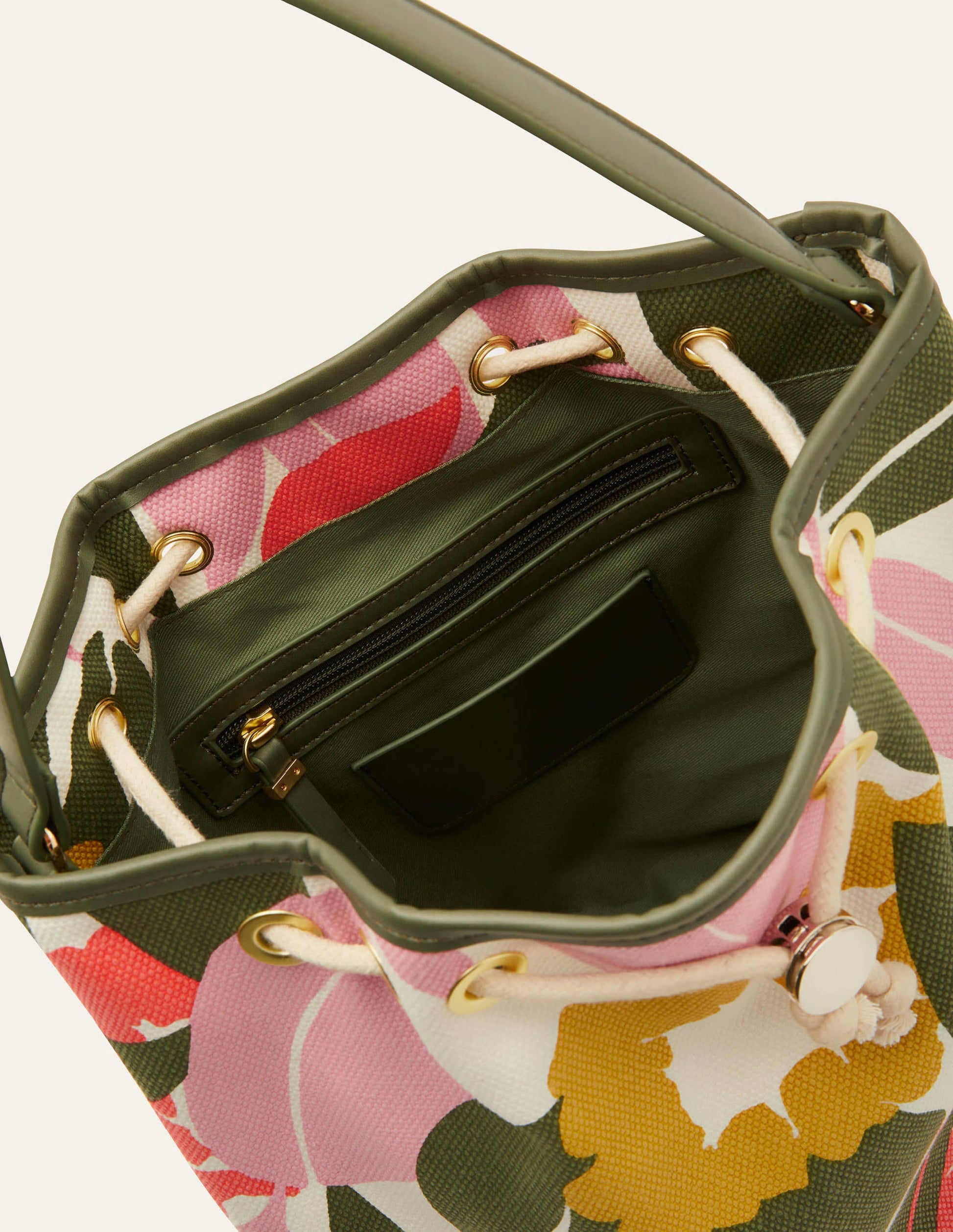 Sac seau en toile avec cordon de serrage-Ivoire, motif Abstract Bloom-4