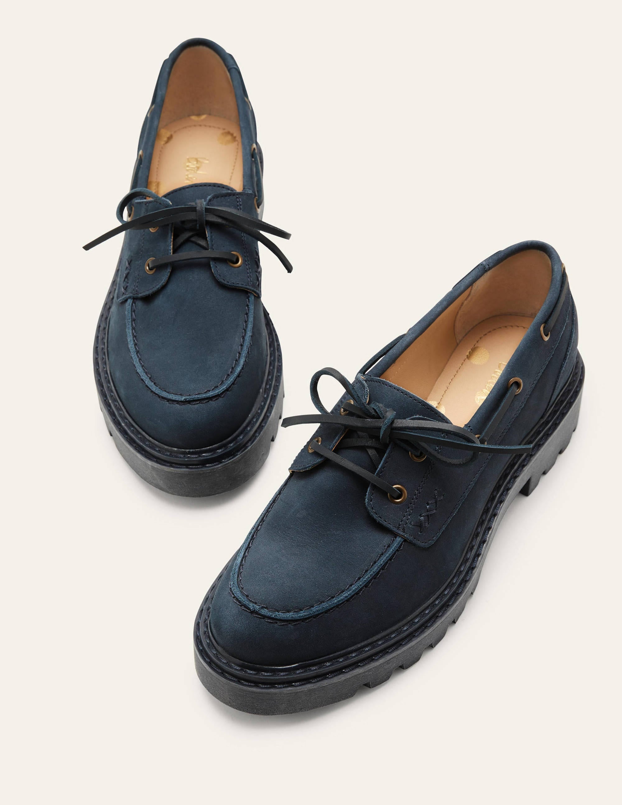 Chaussures bateau en cuir à semelle épaisse-Bleu marine - Image 1
