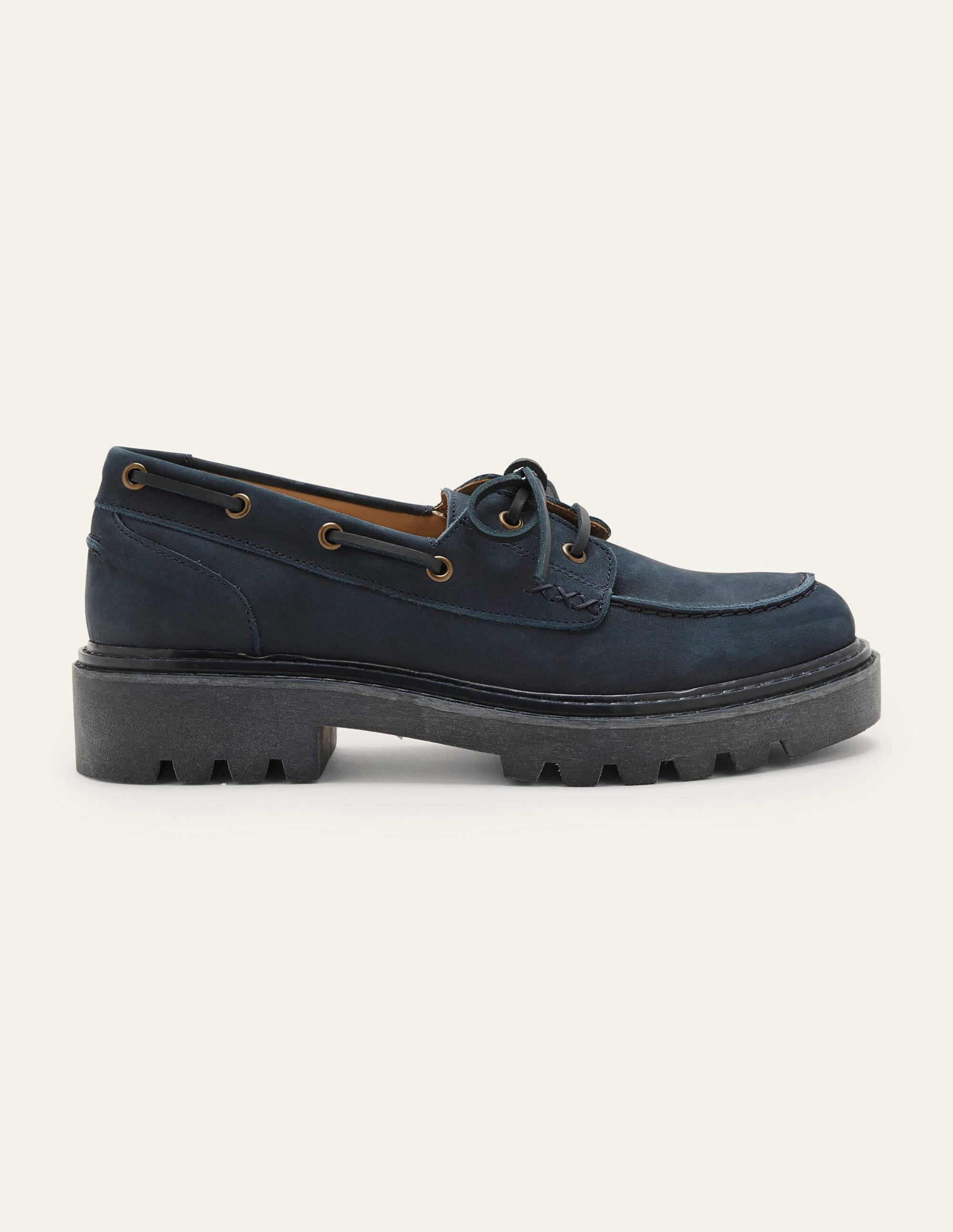 Chaussures bateau en cuir à semelle épaisse-Bleu marine - Image 2