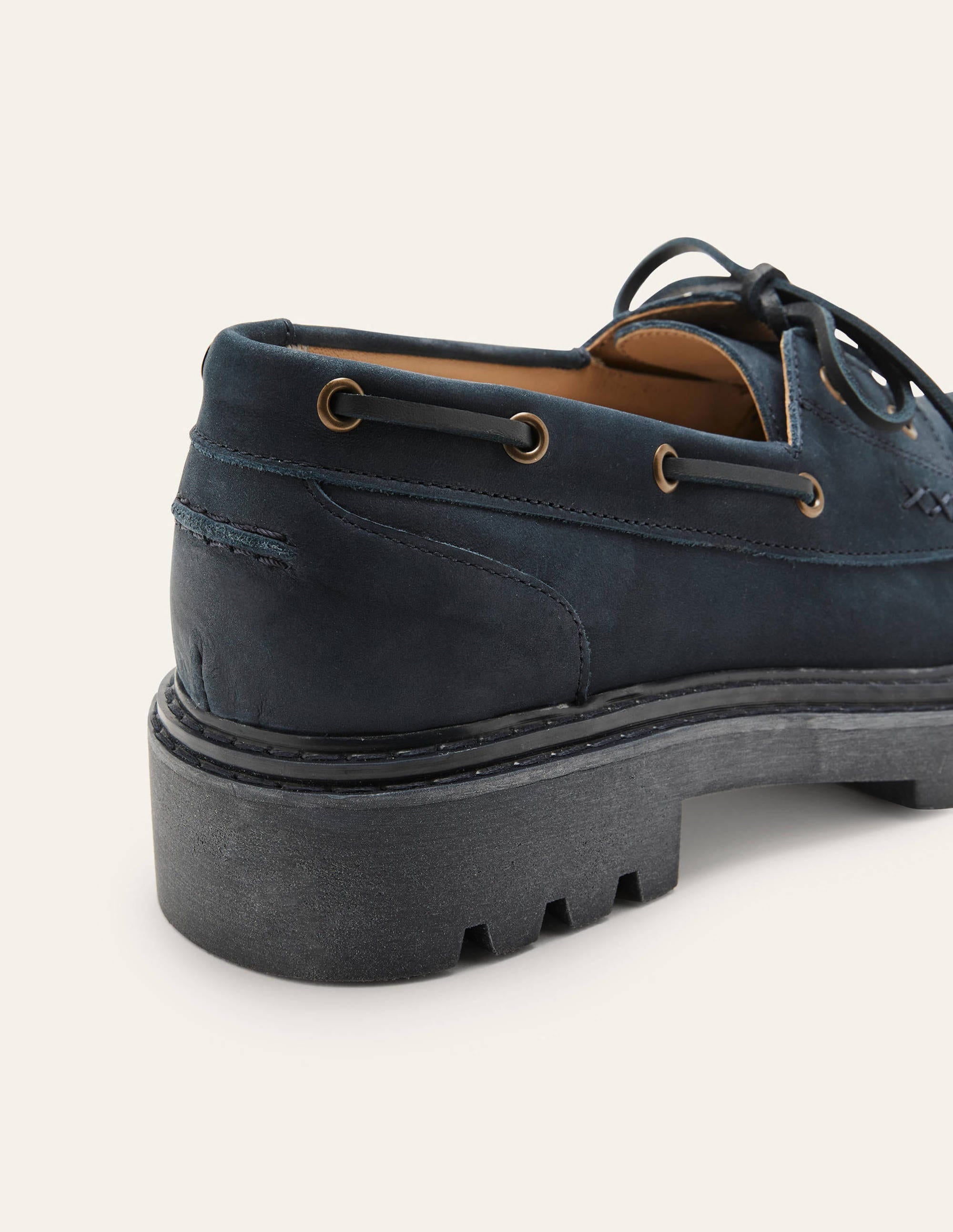 Chaussures bateau en cuir à semelle épaisse-Bleu marine - Image 3