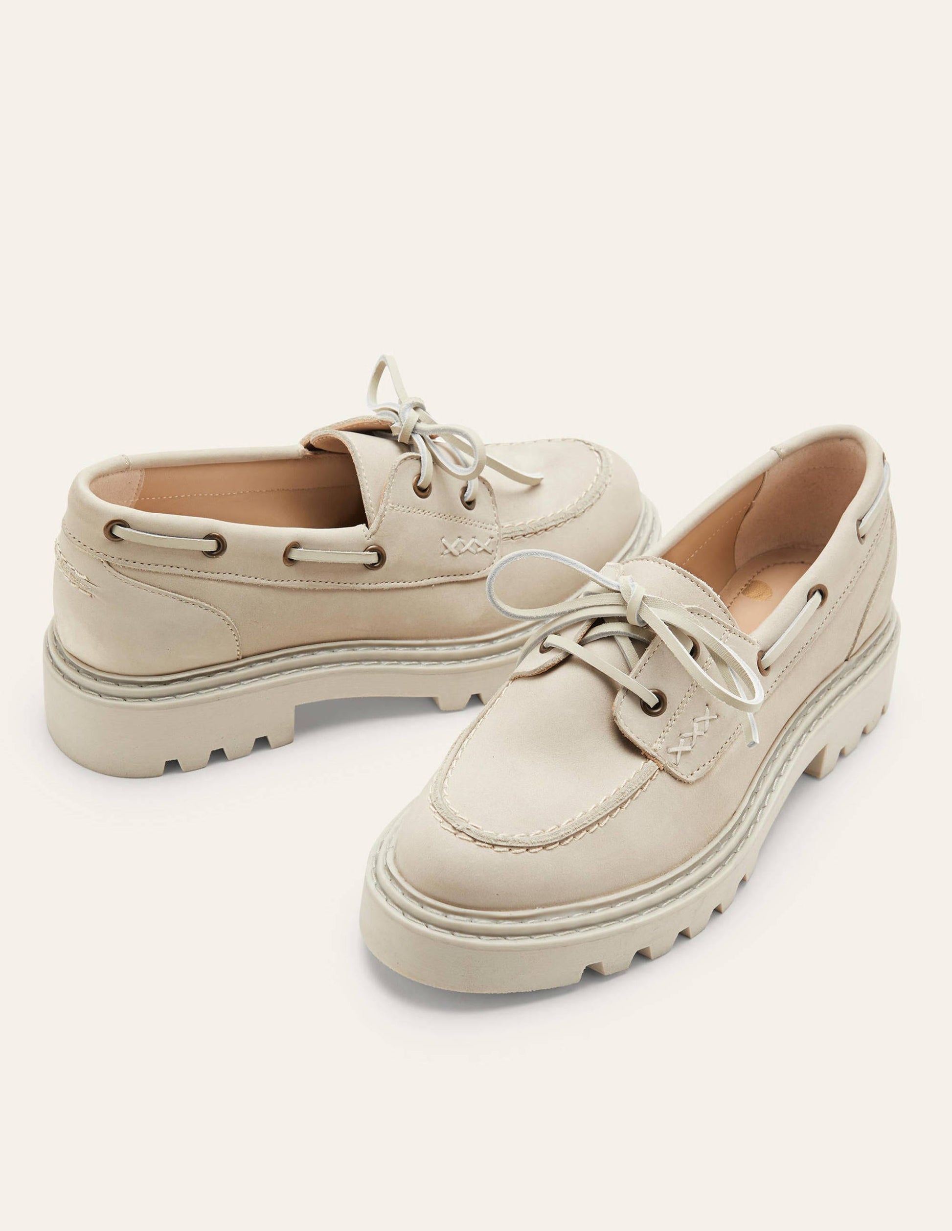 Chunky Sole Leather Deck Shoes-Pearl-1