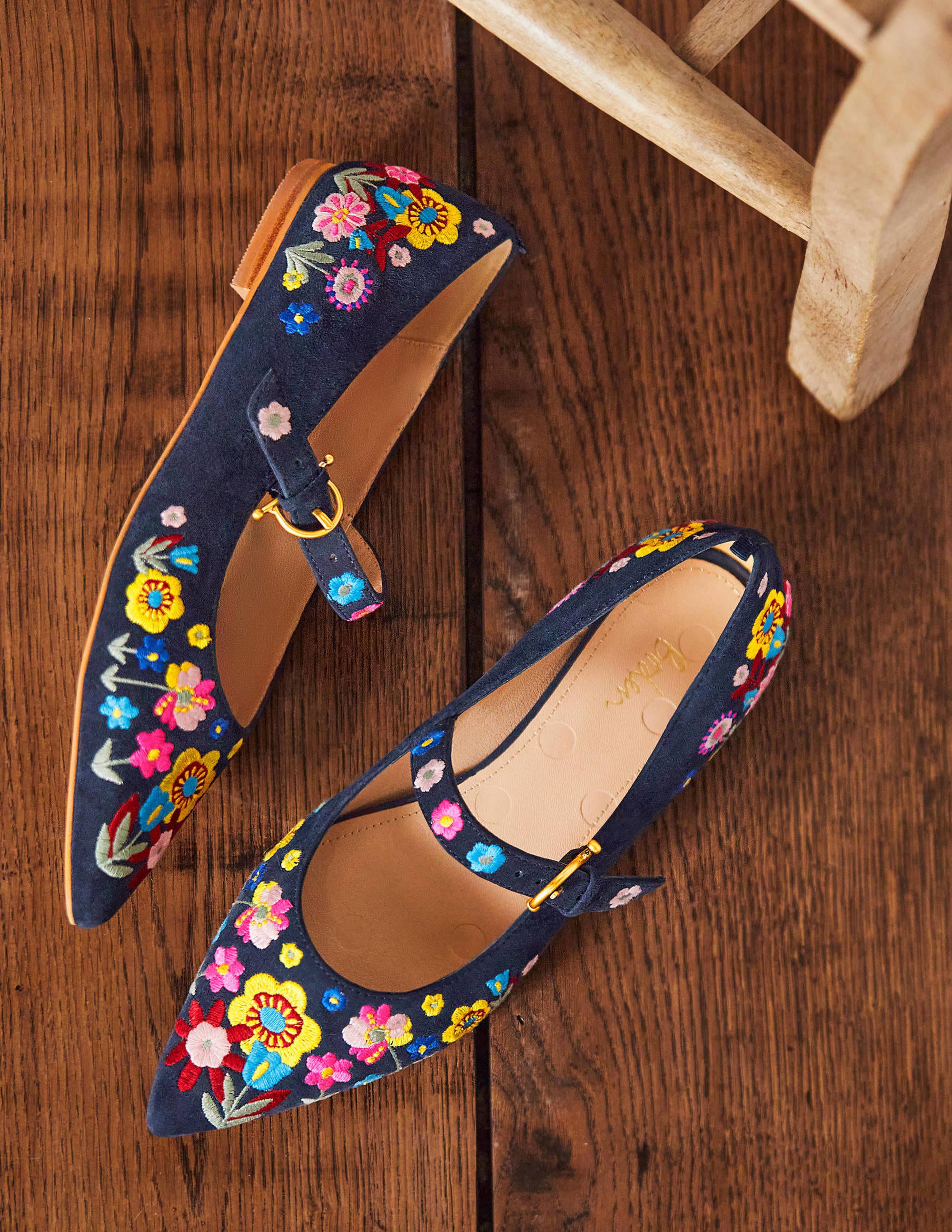 Pointed Toe Mary Jane Shoes-Navy/Embroidery - Image 1