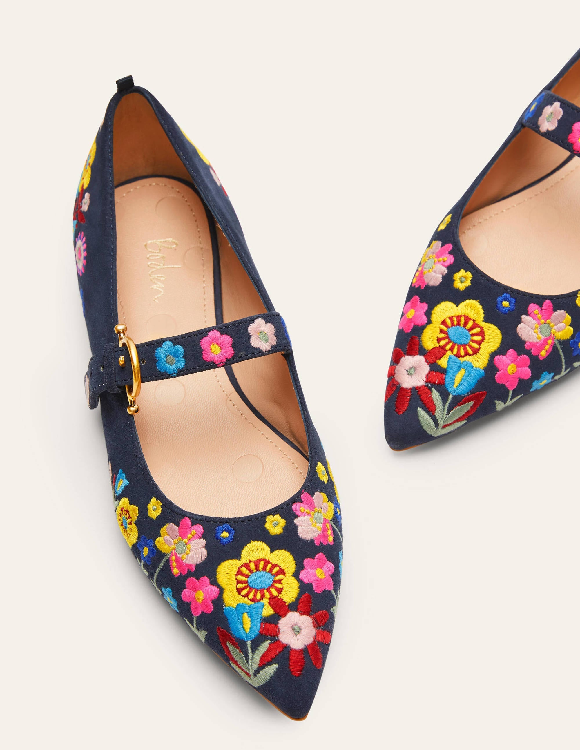 Pointed Toe Mary Jane Shoes-Navy/Embroidery - Image 2