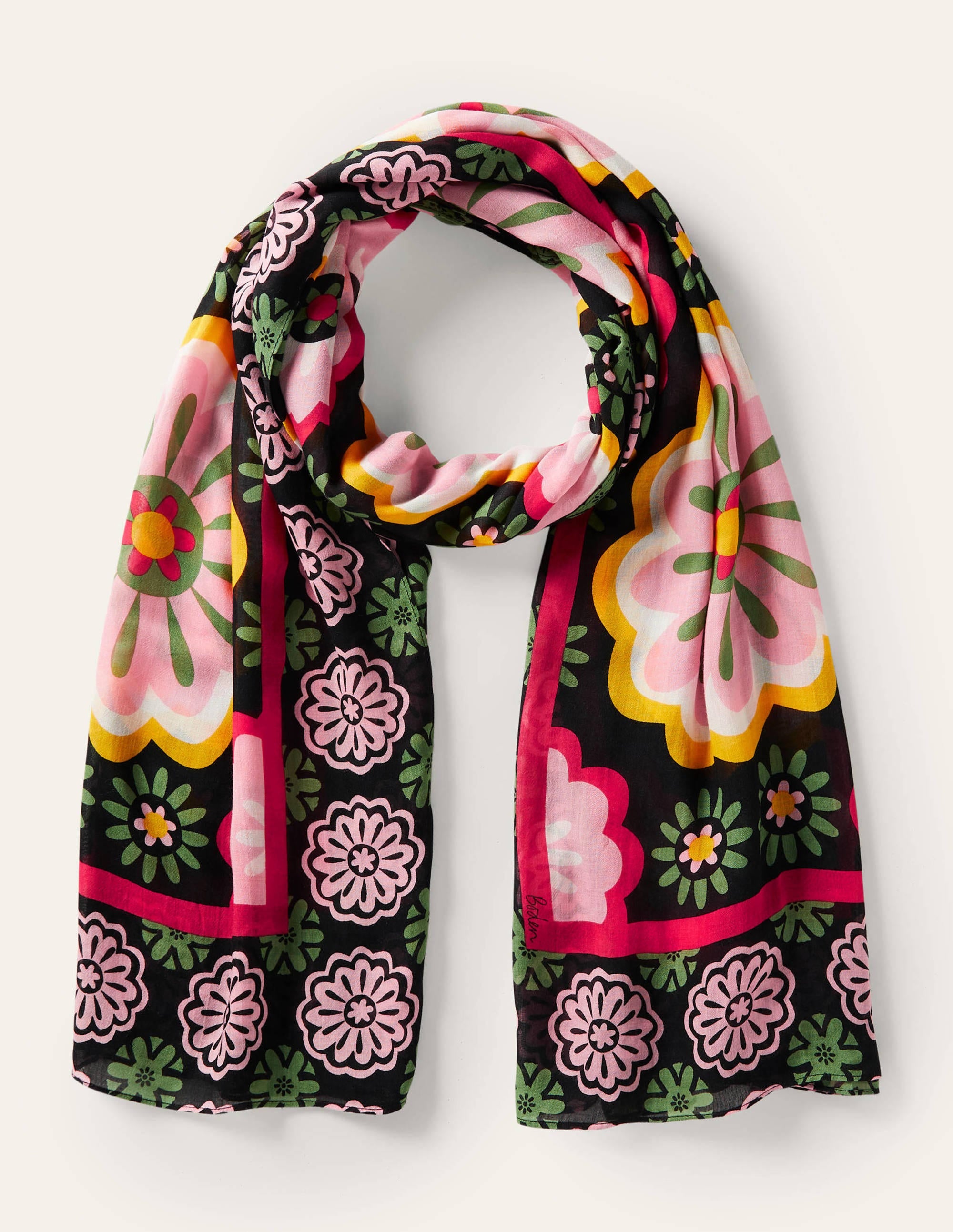 Foulard en modal imprimé-Noir, motif Opulent Daisy - Image 1
