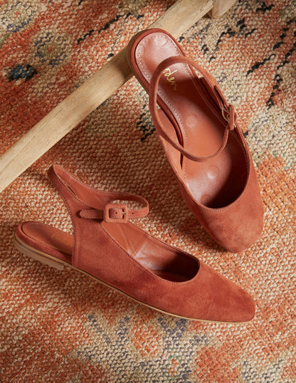 Ballerinas mit Riemchen und eckiger Zehenpartie-Kupferrot, Veloursleder