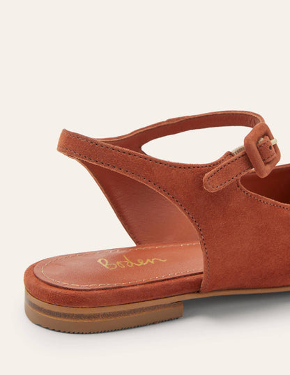 Ballerinas mit Riemchen und eckiger Zehenpartie-Kupferrot, Veloursleder