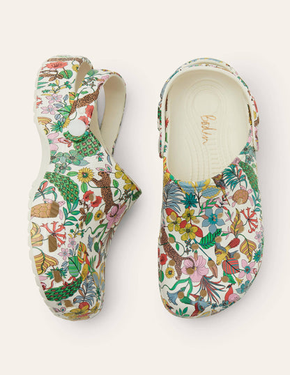 Leichte gemusterte Clogs-Naturweiß, Vogel-/Blumenmuster