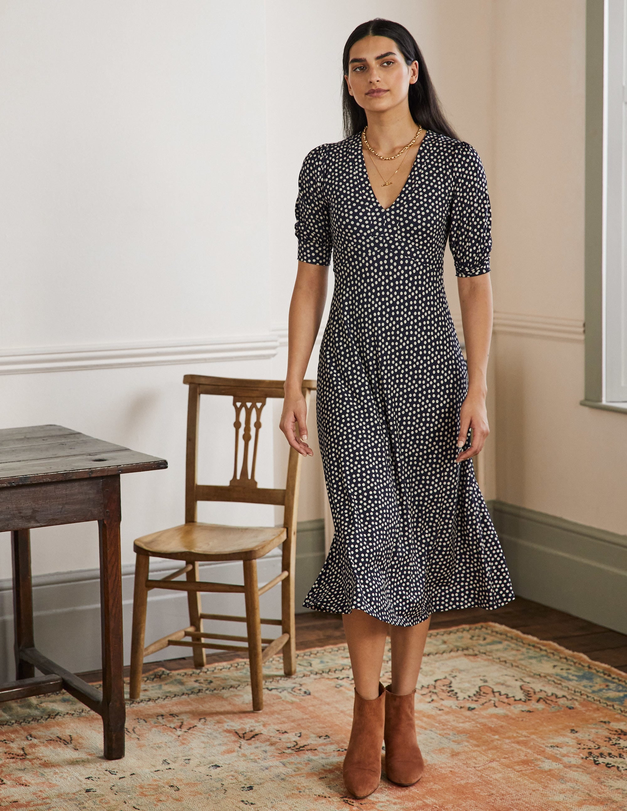 Eva Jersey-Midikleid-Französisches Navy, Getupft - Image 1