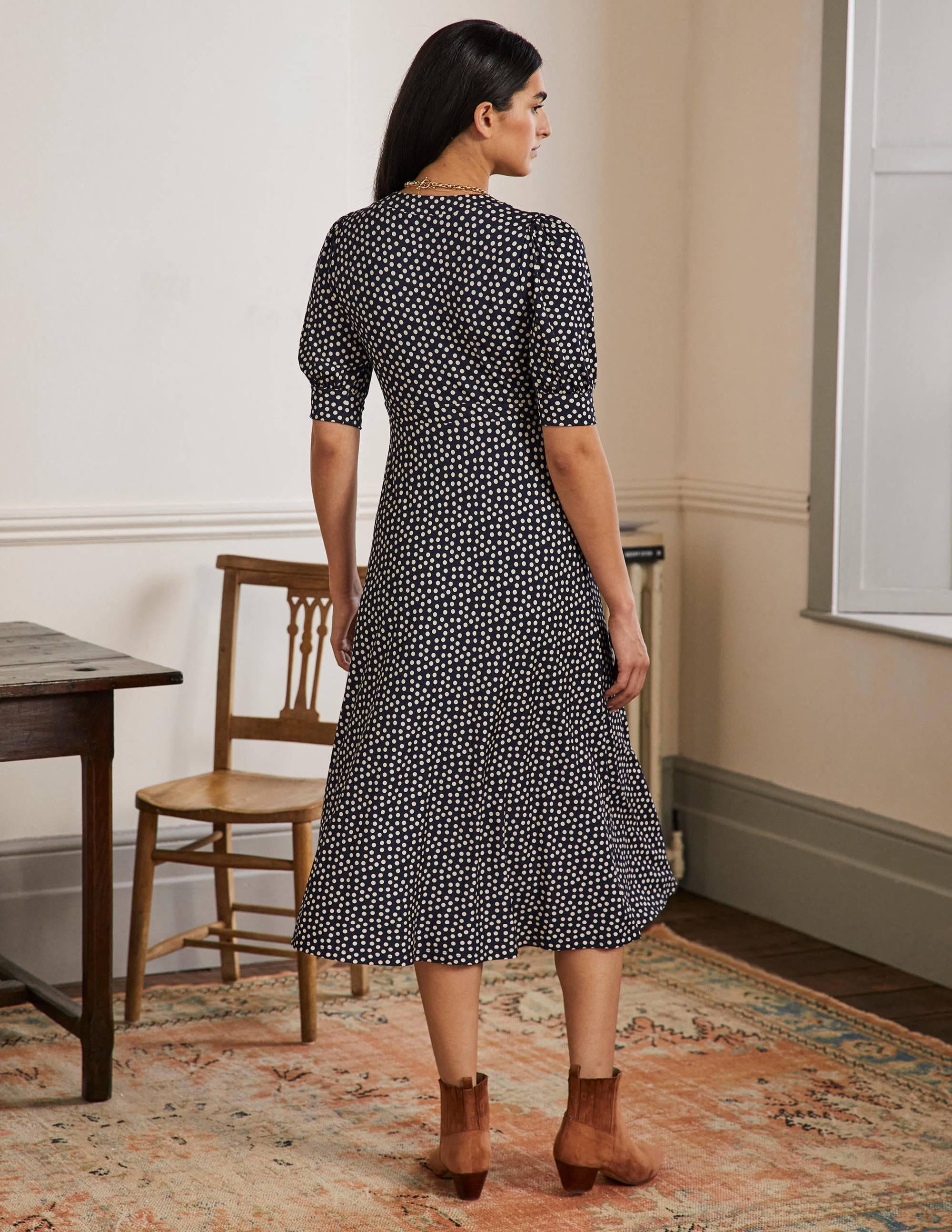 Eva Jersey-Midikleid-Französisches Navy, Getupft - Image 3