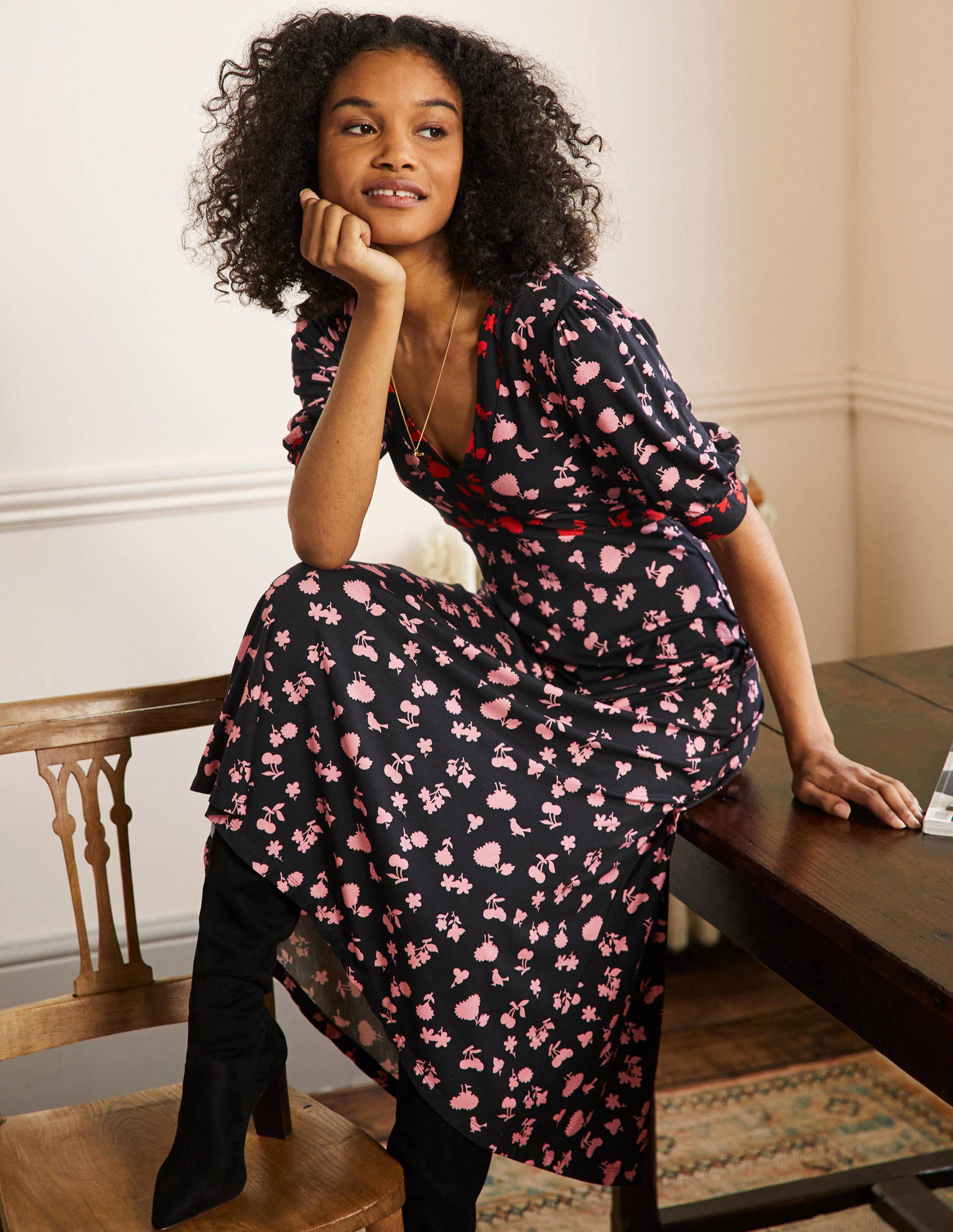 Eva Jersey-Midikleid-Schwarz/Kirschblütenrosa, Waldknospen - Image 1