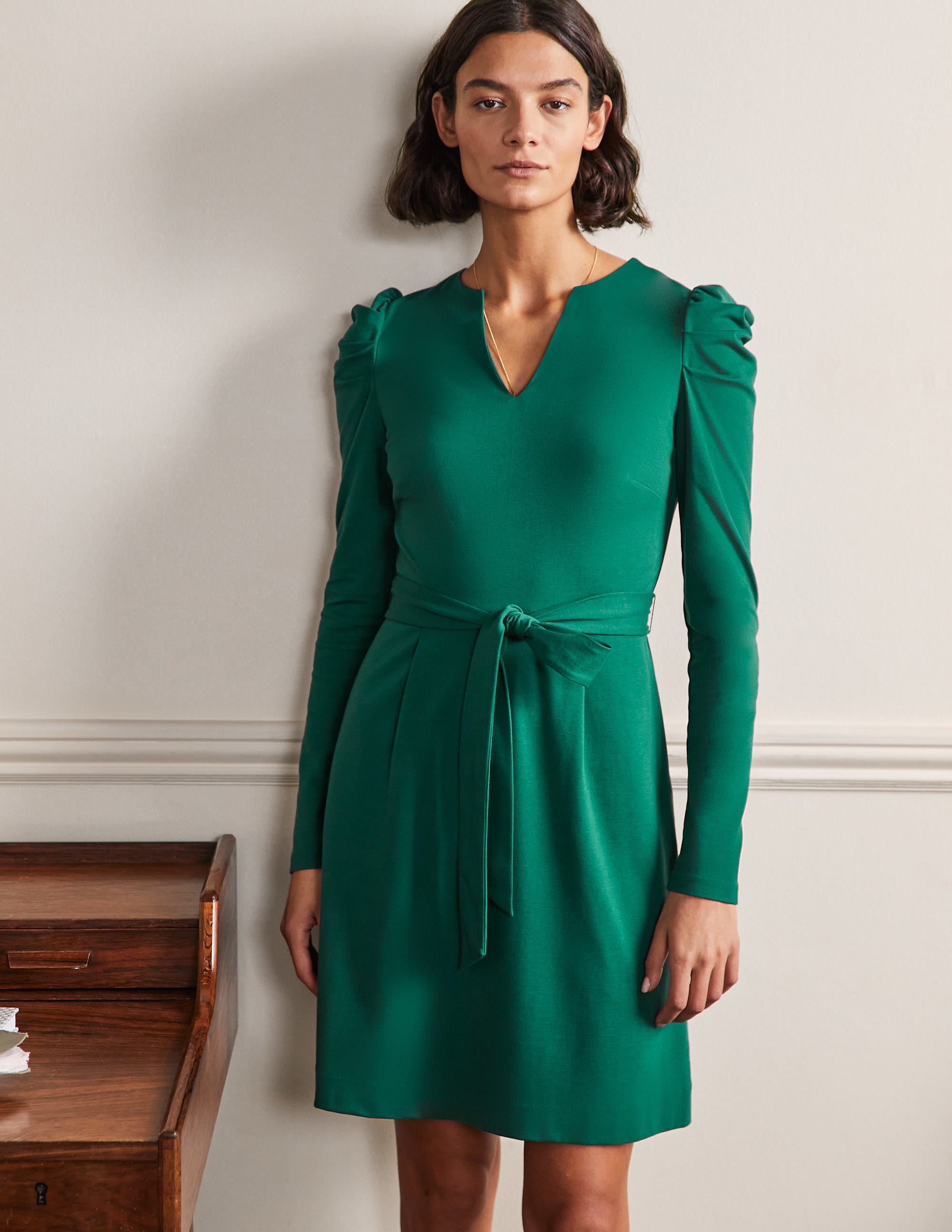 A-Linien-Kleid mit Puffärmeln-Waldgrün - Image 1