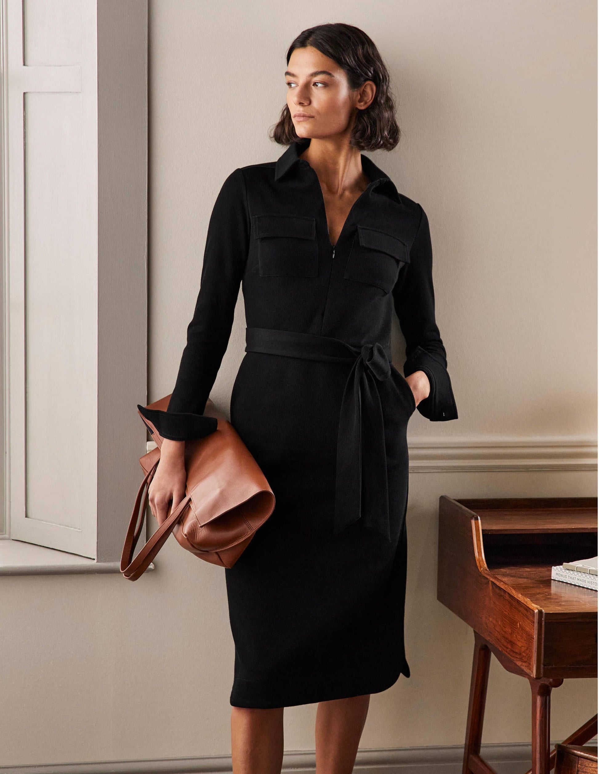 Robe-chemise midi en jersey-Noir-1