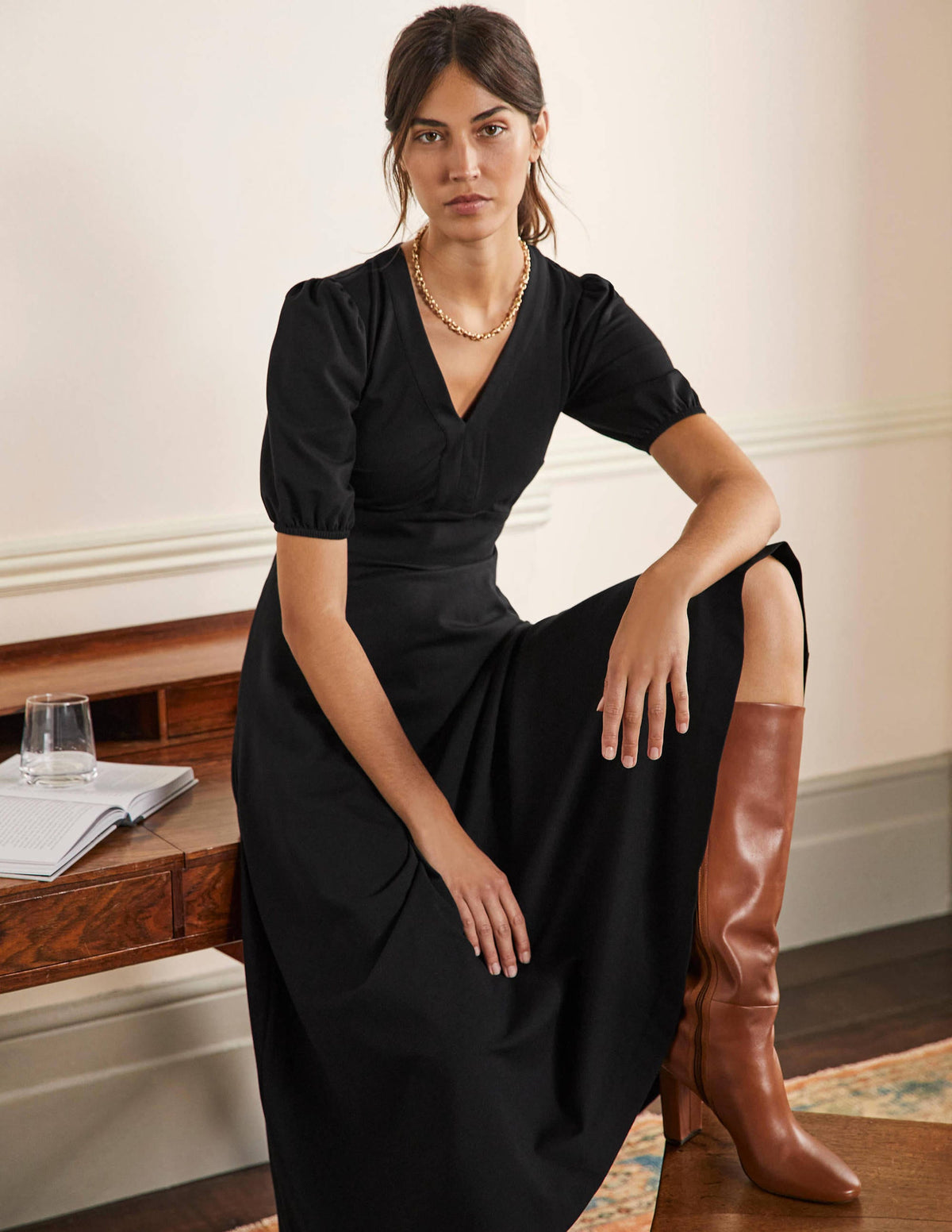 Ponte-Midikleid mit Puffärmeln-Schwarz - Image 4