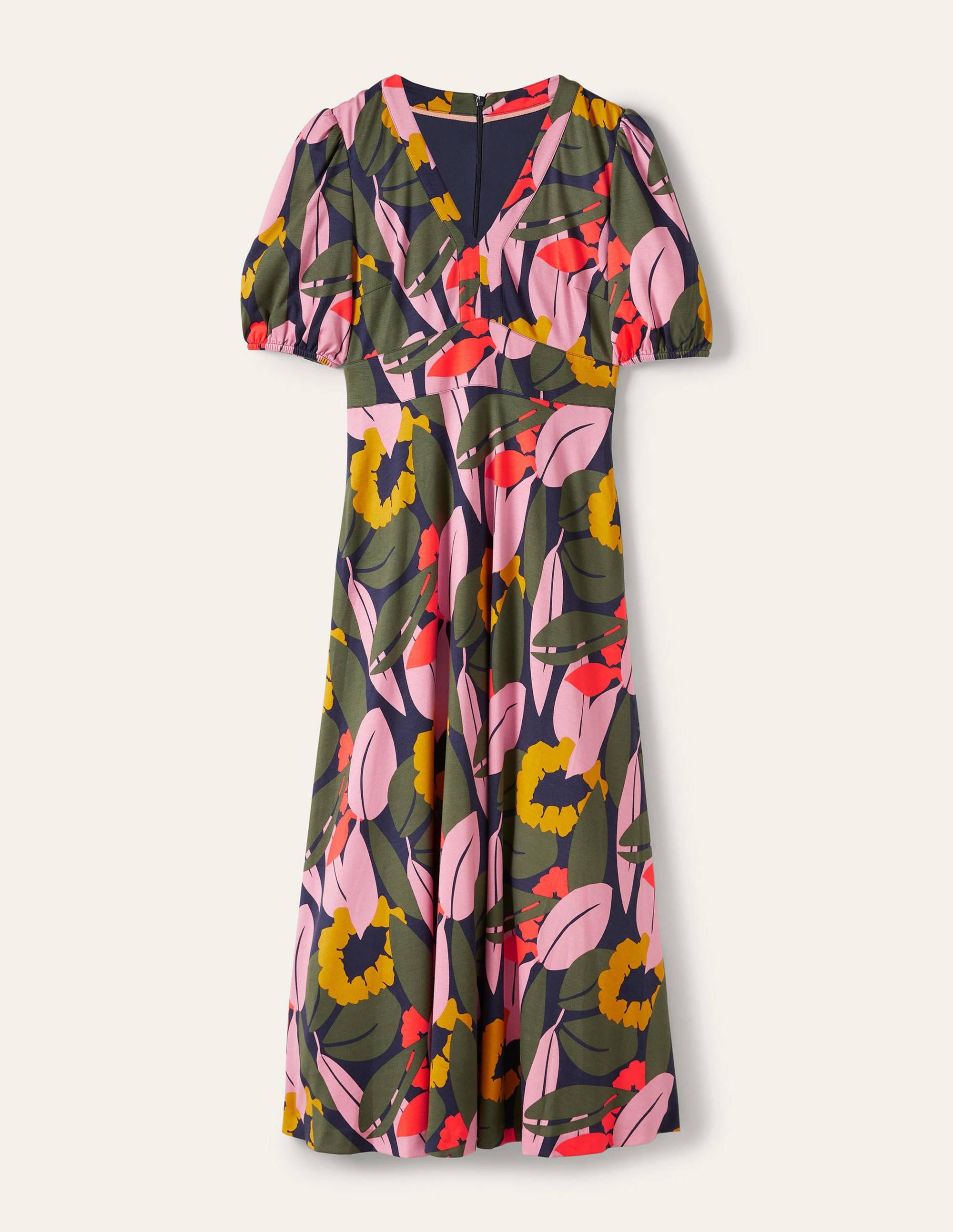Robe midi col V en jersey-Bleu marine foncé, motif Abstract Bloom - Image 5